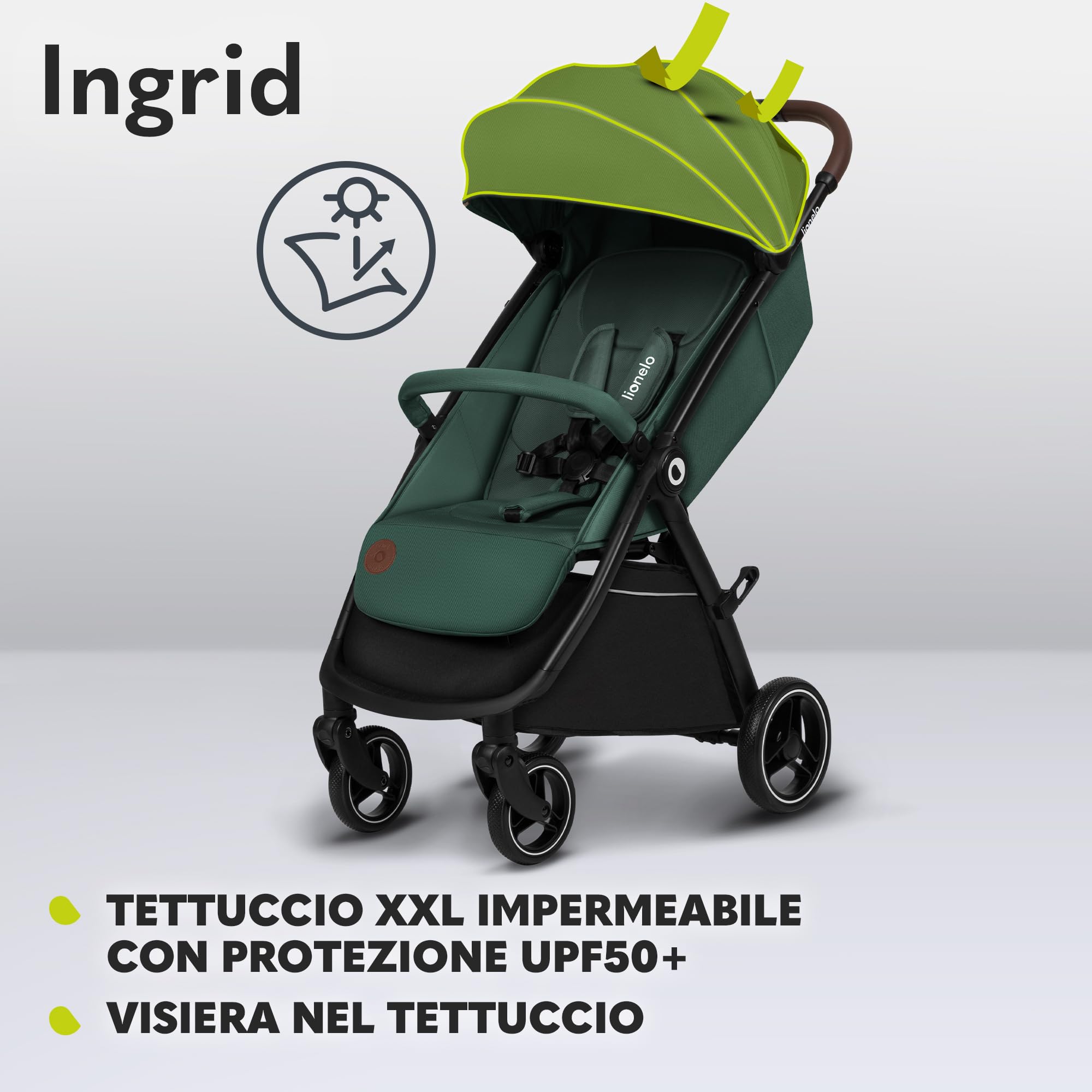 LIONELO INGRID Passeggino leggero per bambini 6 mesi 4 anni 22kg Grandi ruote 360° Schiuma EVA Assorbimento Pieghevole Schienale poggiapiedi regolabili