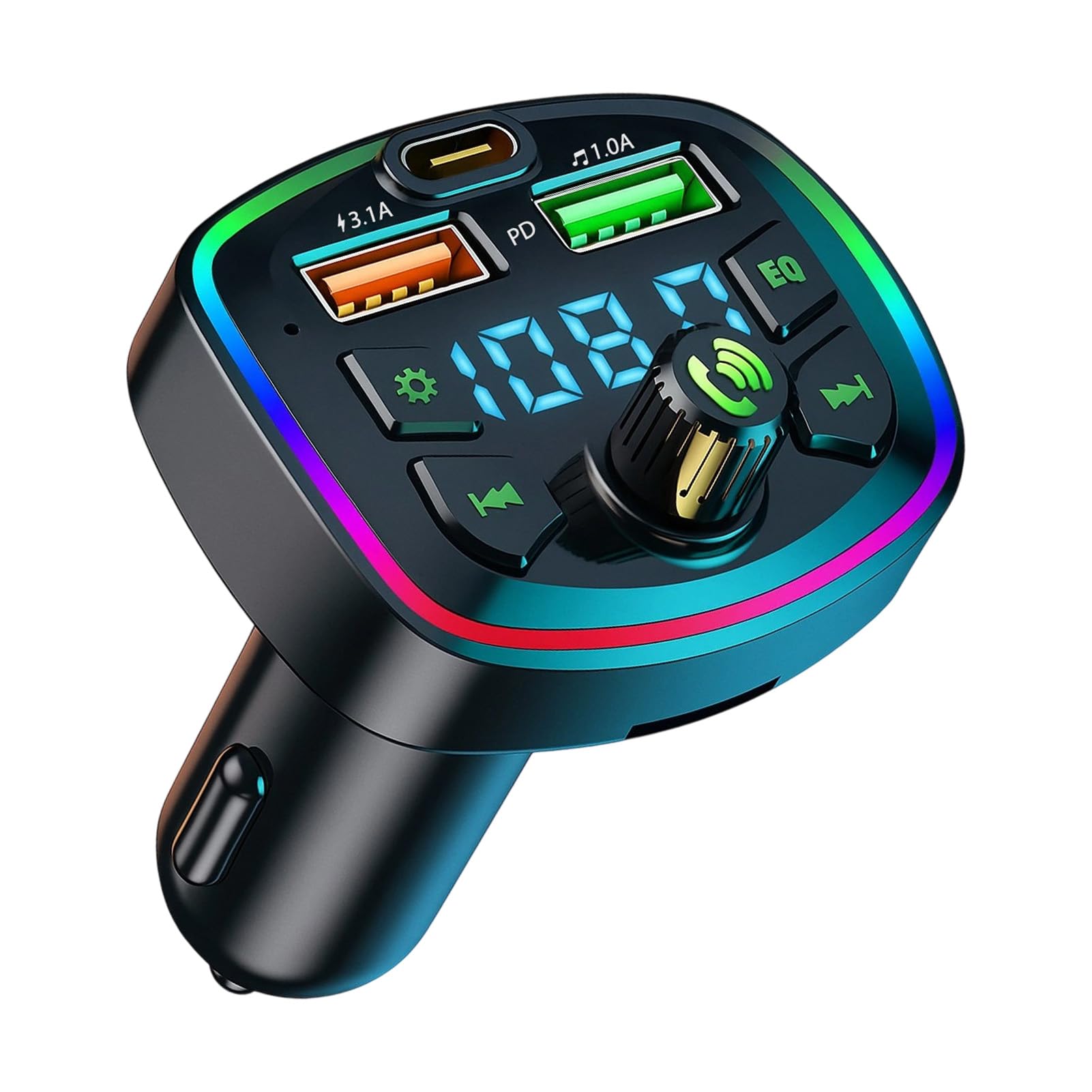 Transmisor FM Bluetooth para Coche, Adaptador Bluetooth Coche | Radio Manos Libres Inalámbrico Reproductor MP3 [ 3.1A+ 18W PD], Mechero Carga Rápida Soporte TF y USB