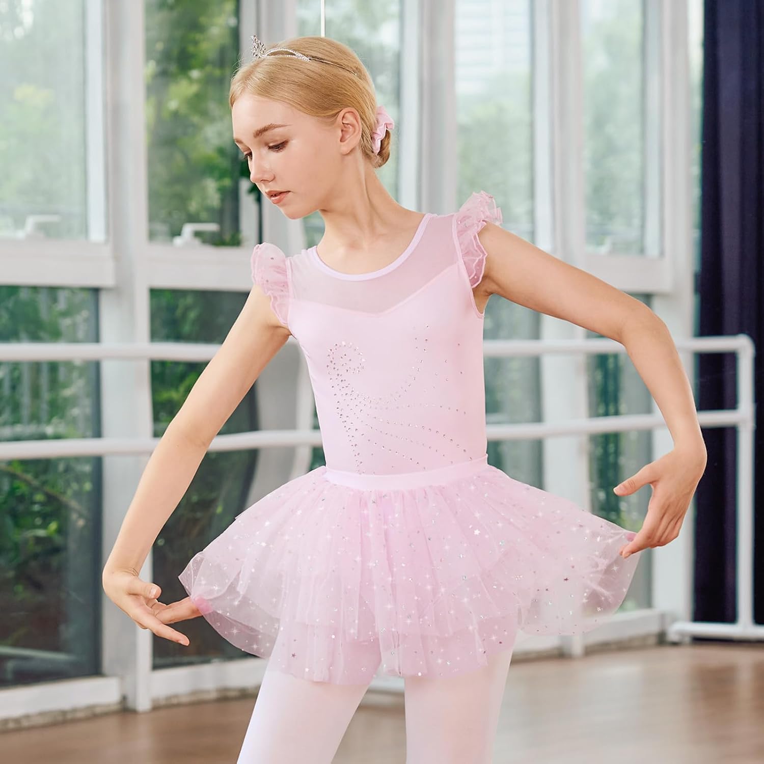 JiAmy Mädchen Ballettbekleidung Rüschenärmel Ballettkleid Kinder Ballett Outfit Tanzkleid Ballerina Kleid mit Rock Tütü für 3-10 Jahre