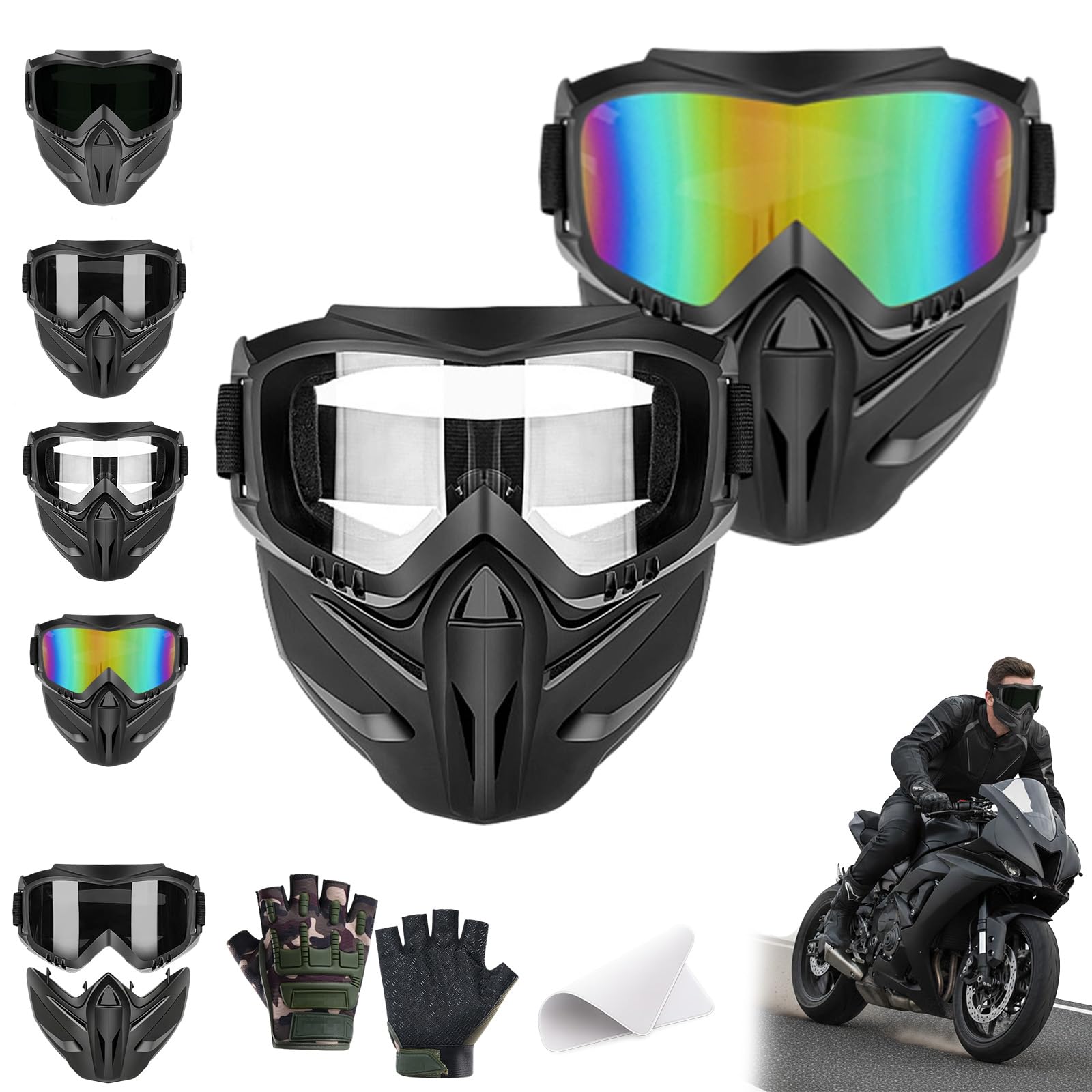 Detachable Full Face Goggle Mask, Anti-Fog Airsoft Face Protection & Paintball Mask, Impact Resistant Full Face Dust Mask, Windproof Ski Mask Welding Goggles for Bike Riding (Mix-F)