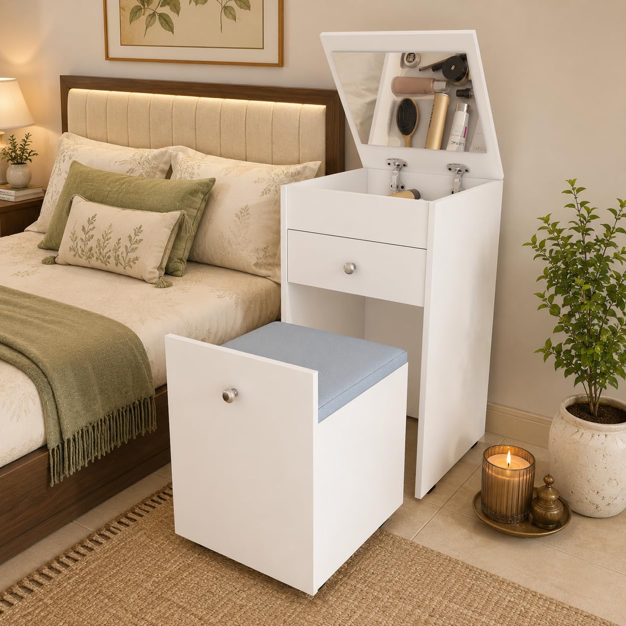 Studio Kook Engineered Wood Beleza Dressing Table, Dresser Unit With Mirror, Seating And Storage, Matte Finish (Moonshine White)-image-33