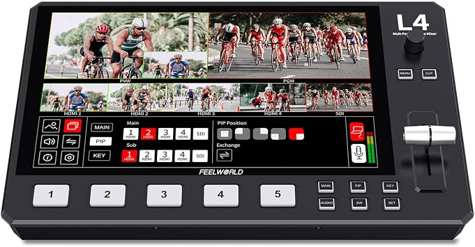 Feelworld LIVEPRO L4 HD 4 Channel Live Production Video Switcher 4 x HDMI Input USB 3.0 interface and HDMI output can independently set PGM and PVW 2 inch LCD Display Real Time Streaming Multi-Camera Making Plastic Case, Better Heat Dissipation