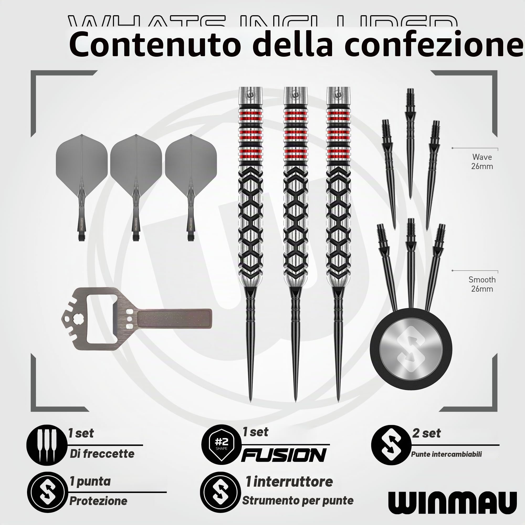 WINMAU Darts-Fornax – Set di freccette professionali al 90% in tungsteno, tecnologia Switch Point, fusti paralleli neri e rossi, 2 punti intercambiabili (onda e liscia), sistema di cambio rapido |