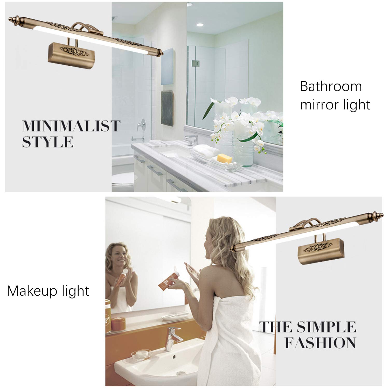 ACMHNC Vintage Spiegelleuchte Bad Mit Schalter Und Steckdose, Braun Golden Badleuchte LED Spiegellampe Badezimmer Wandleuchte Mit Stecker, Einstellbarer Schminklicht 4000K Bilderleuchte,72cm/12w