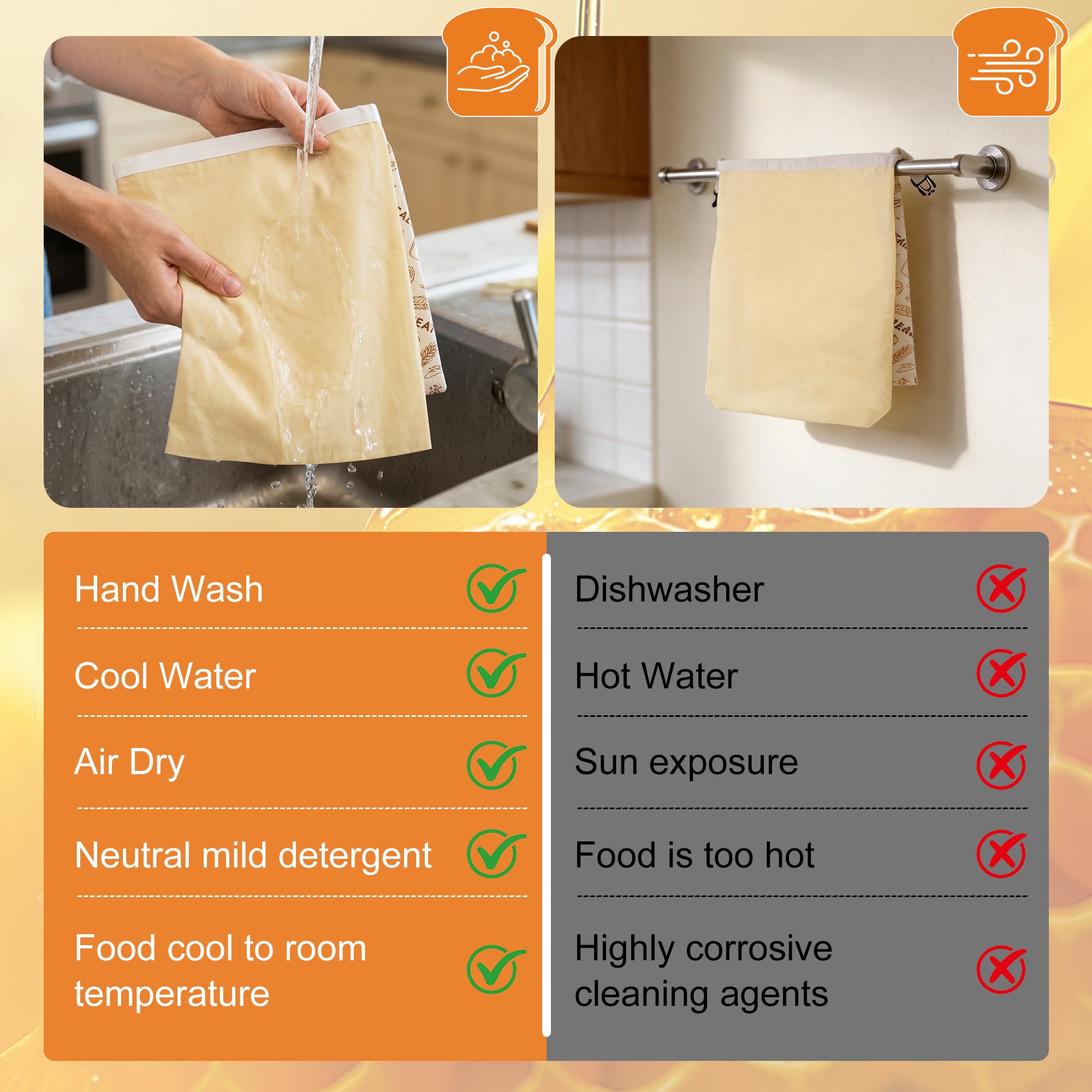 Sacchetti riutilizzabili in cera d'api da 43x33 cm, per conservare il pane a lievitazione naturale e quello fatto in casa, conservazione naturale grazie alla cera d'api, 2 pezzi