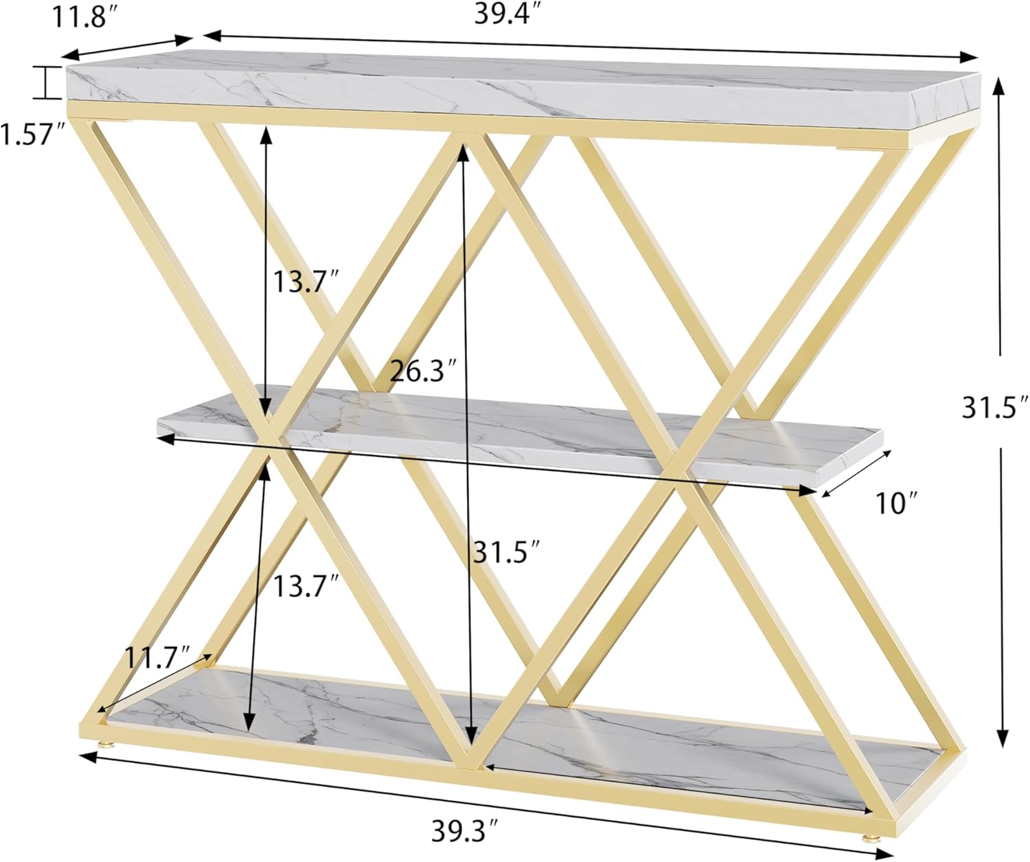 Garvee 3-Tier Entryway Table, Industrial Console Sofa Table with Storage, Accent Table with Open Shelves, X-Shaped Gold Metal Frame, Foyer Table for Entryway, Hallway, Foyer, Living Room, White