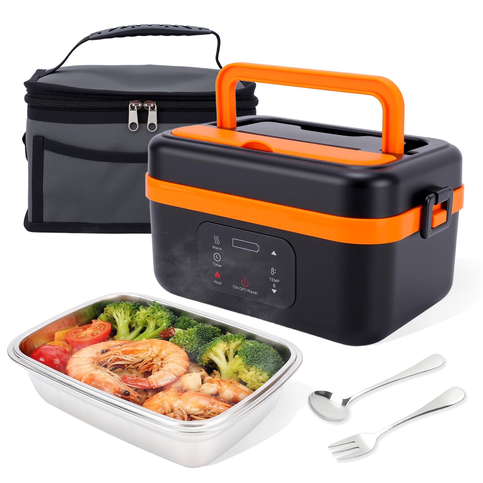 Scaldavivande Elettrico Portatile, 1L Porta Pranzo Riscaldabile con stoviglie in acciaio inossidabile e borsa isotermica, ricaricabile, Timer Per Ufficio Cantiere Viaggio