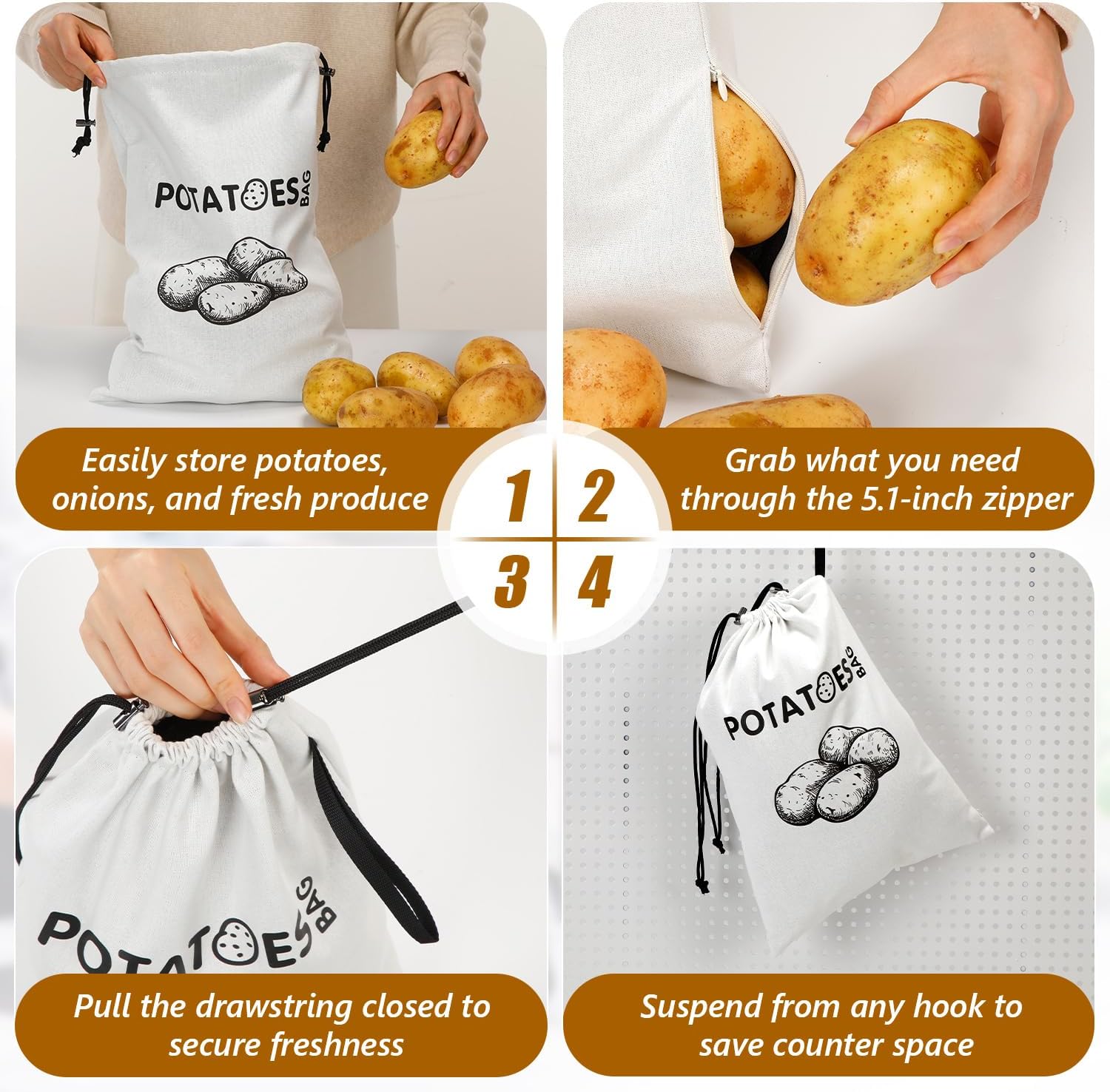 SWISSELITE Potato Onion Storage Bag, Washable Onions Potatoes Keeper | with Blackout Lining & Side Zipper, for Pantry & Kitchen, Vegetable Storage Bags for Potatoes, Onions, Garlic