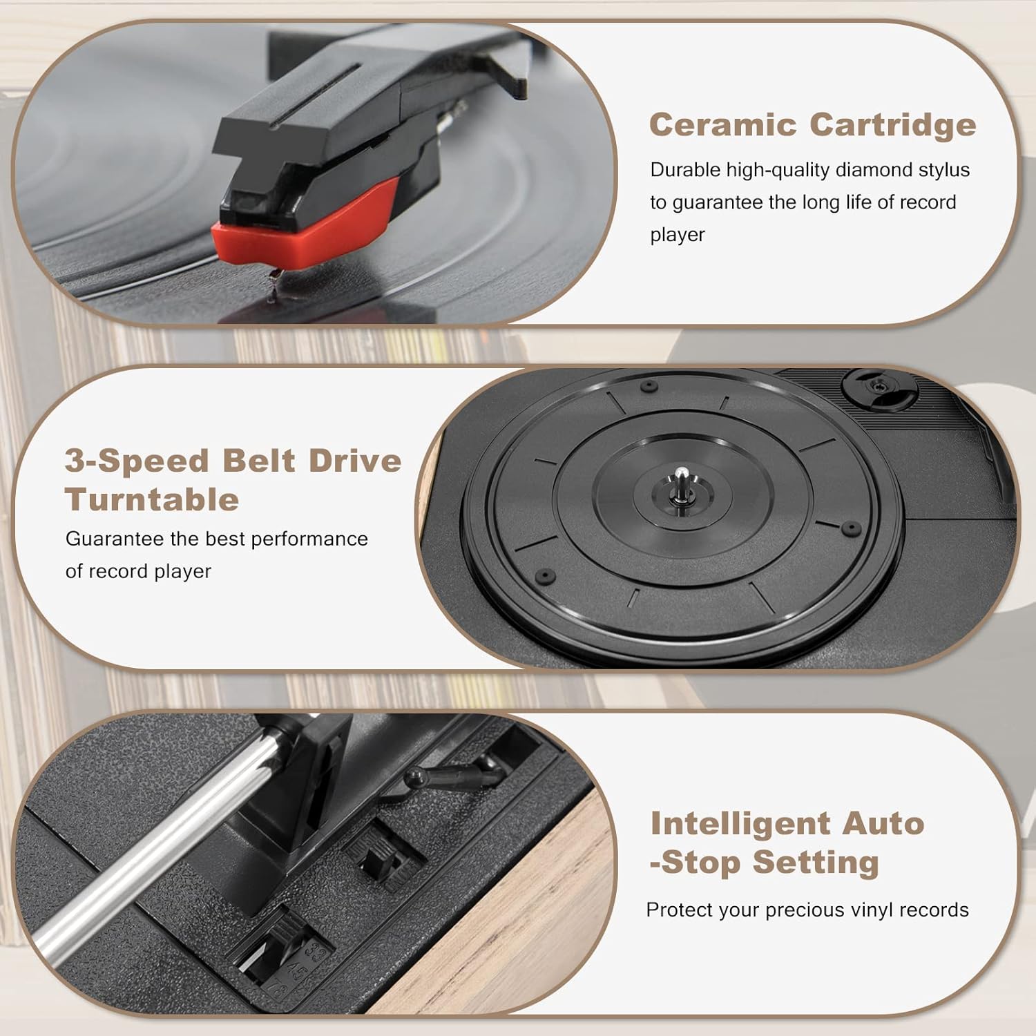 LP&No.1 Wireless Turntable with Stereo Speakers, 3-Speed Vintage Belt-Drive with Wireless Playback & Auto-Stop, Light Wood