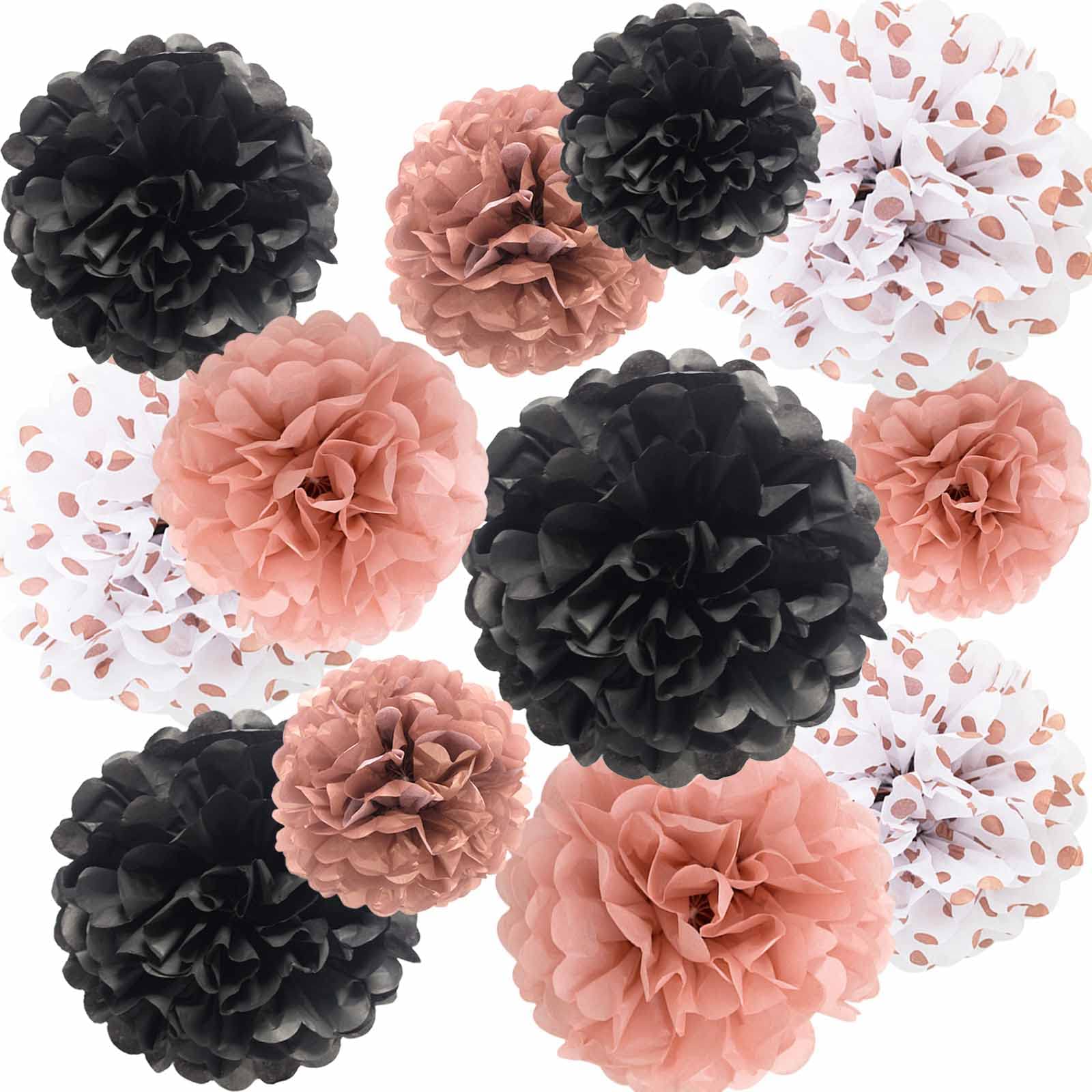 ANSOMO Rose Gold and Black Tissue Paper Pom Poms Party Decorations Flowers Pink Wall Hanging Décor Supplies Birthday Bridal Baby Shower Wedding