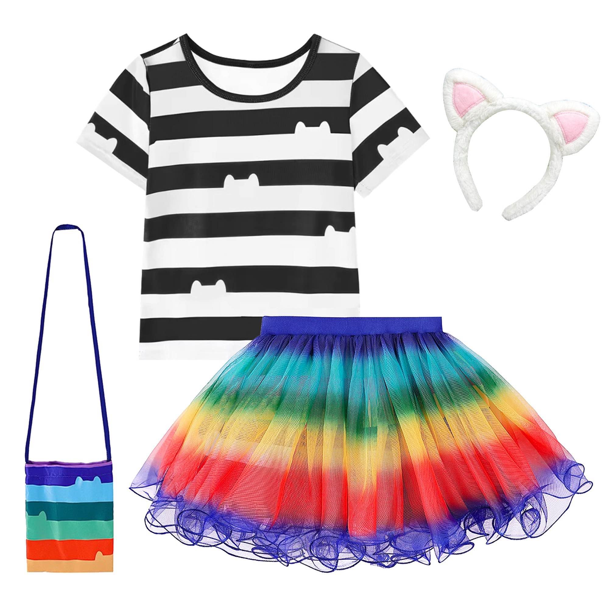 SHELOVESIT Girls Cat Cabin Costume with Rainbow Tutu Dress T-shirt Headband and Bag Halloween and Birthday Party Outfits