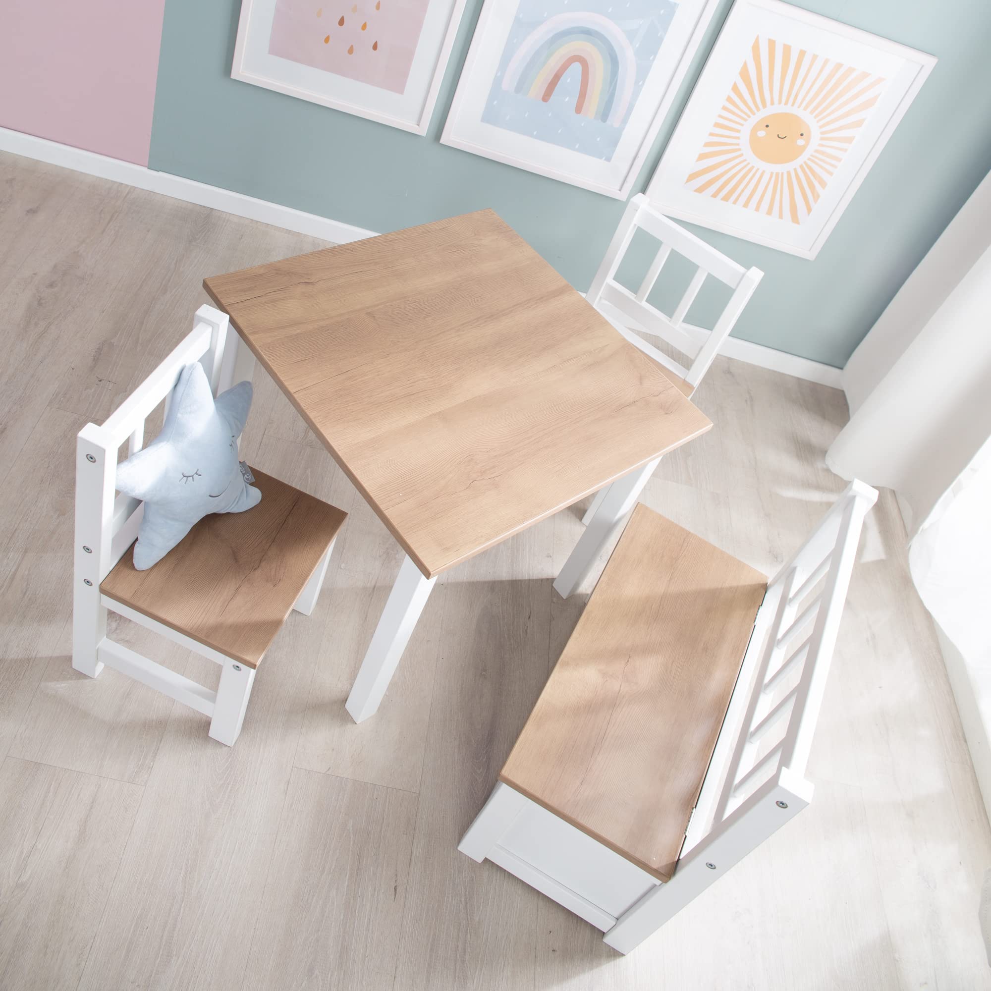 roba Ensemble Table et 2 Chaises Enfants Woody - Plateau et assises en Aspect Bois - Résistants aux Rayures - pour Filles et Garçons de 2 Ans et Plus - Blanc