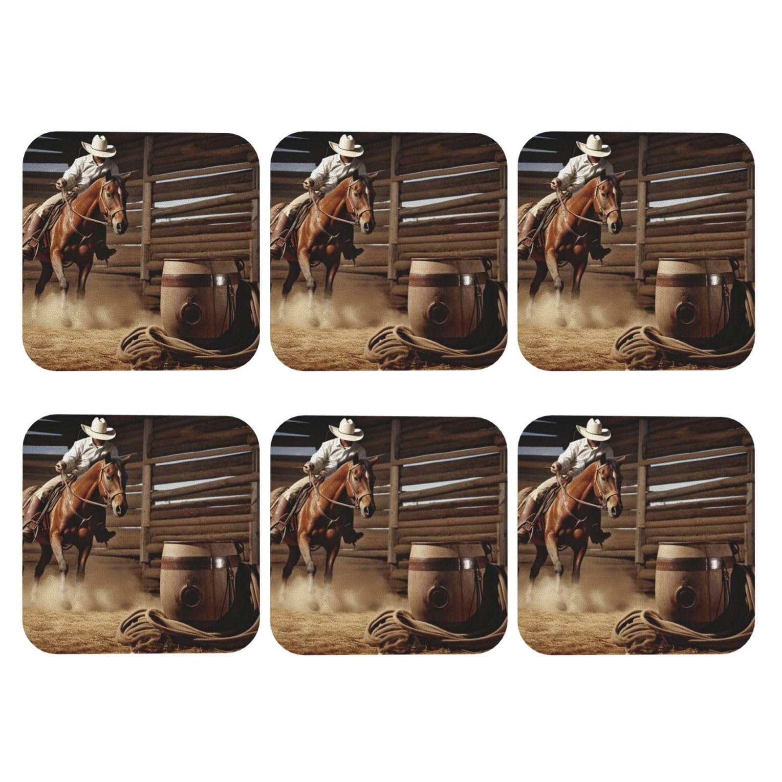 6pcs Leather Coasters for Drinks, American West Rodeo Drink Coasters for Tabletop Protection, 4" Cup Coasters for Coffee Table Decor, Non-Slip Drinking Cup Mat for Hot Or Cold Drink