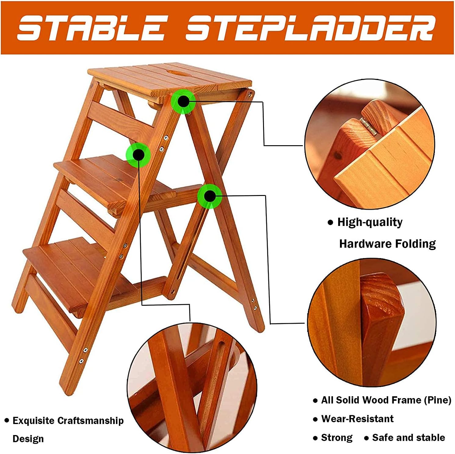 Folding Step Stool Step Ladder 3 Tier Multi Functional Folding Solid Wood Ladder Stool Step Stool Household Step Ladder Stool for Household and Office