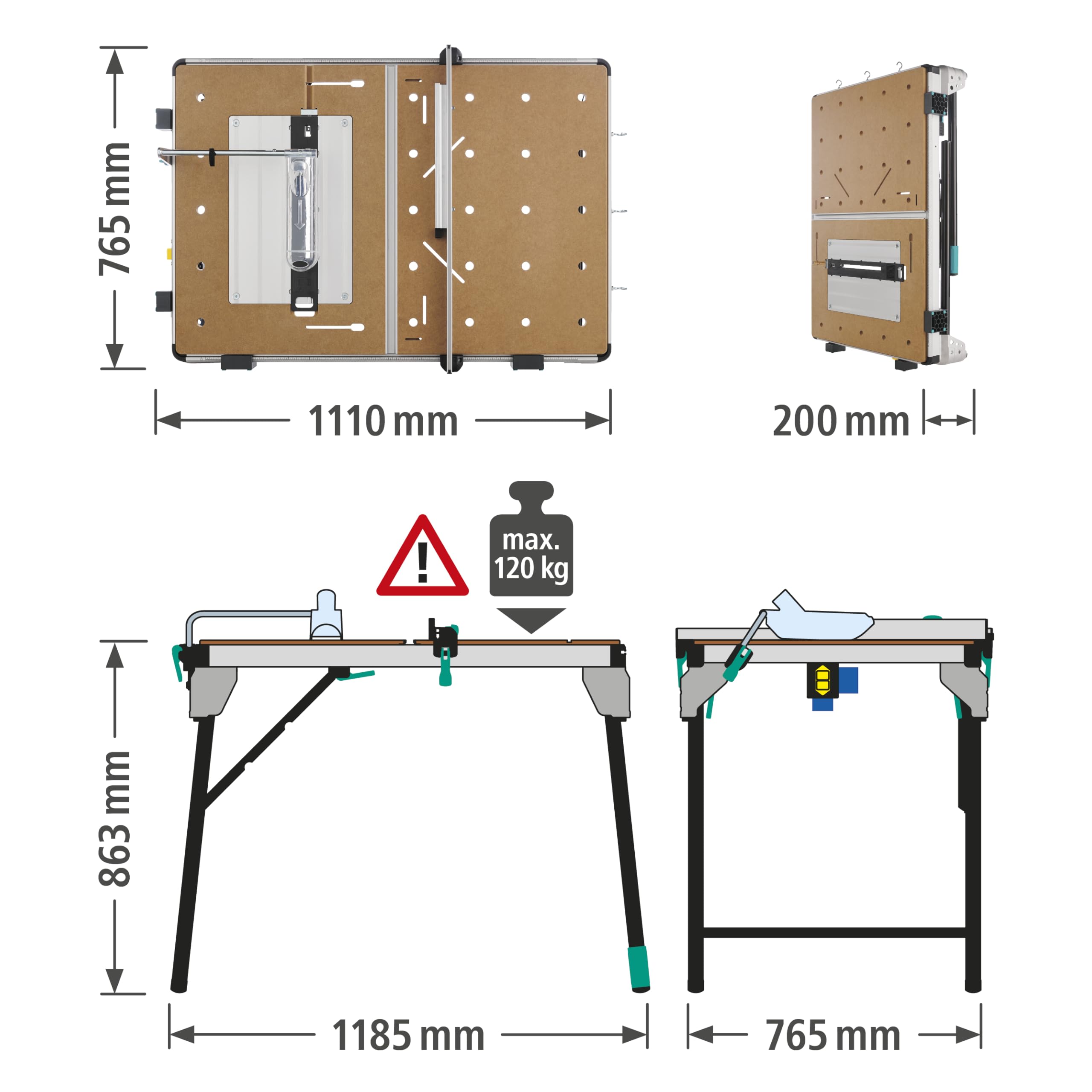 wolfcraft Master Cut 2600 - multifunktionaler mobiler Maschinentisch für Tischkreissäge, Stichsäge, Kapp- und Gehrungssäge, Arbeitsstation, Fräse und geführte Handkreissäge - klappbar - 6918000