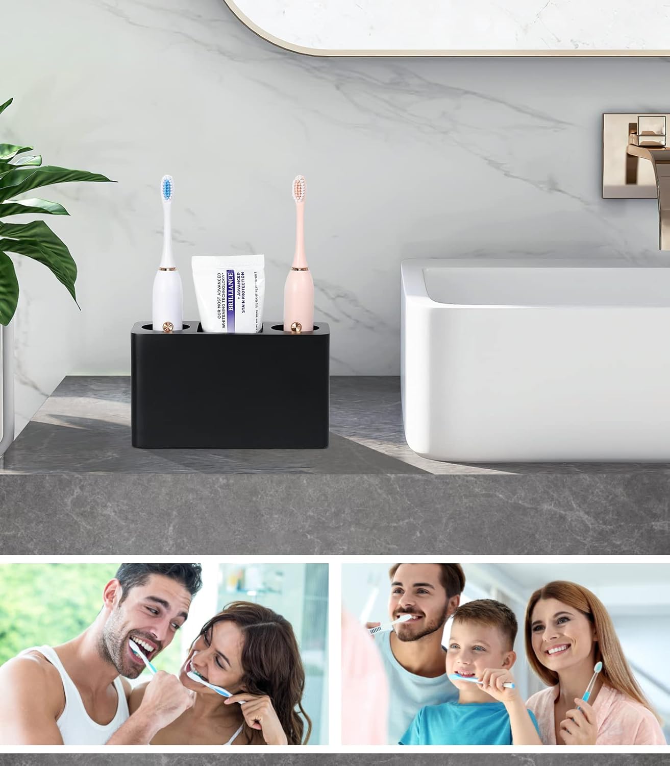 Luxspire Toothbrush Holder, 3 Slots Electric Toothbrush and Toothpaste Holder, Resin Bathroom Countertop Storage Bathroom Accessories Toothbrush Stand for Vanity Counter Organizer Caddy - Black - Image 6