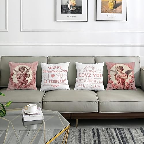 Miniatura 2 de Juego de 4 fundas de almohada para el día de San Valentín, diseño de ángel rosa con texto en inglés "I love you", estilo cristiano, vintage,