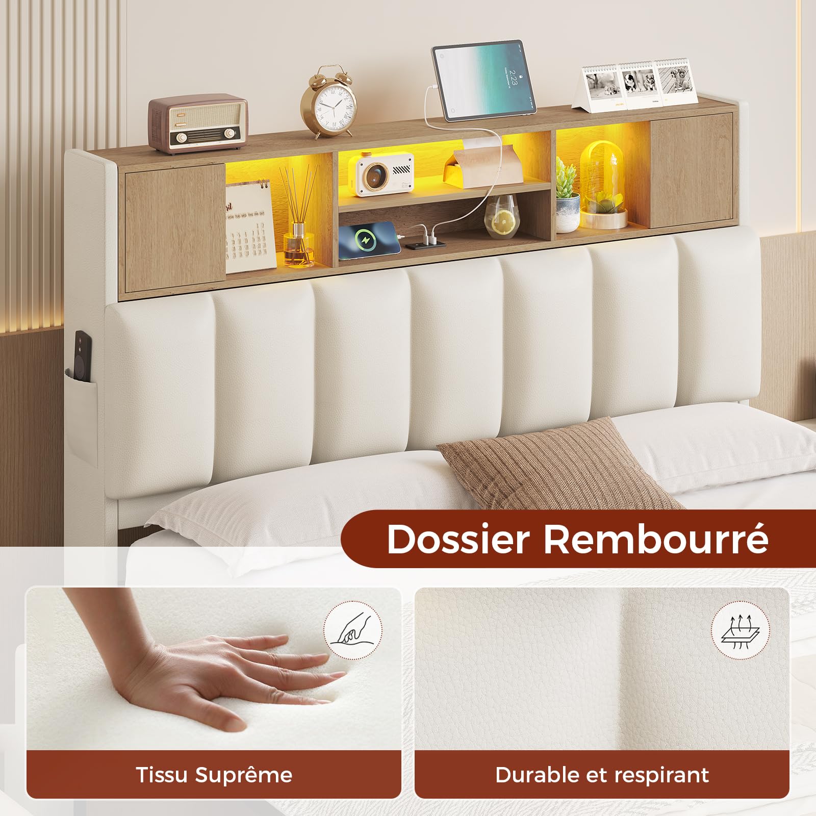 KIMENICH Lit 140 x 190, Lits Double avec LED et Multiprise, Cadre de Lit en Métal avec 4 Tiroirs, Tête de Lits en Bois Capitonnée avec 7 Compartiments, Lits 140 x 190 avec Sommier et Rangement, Blanc