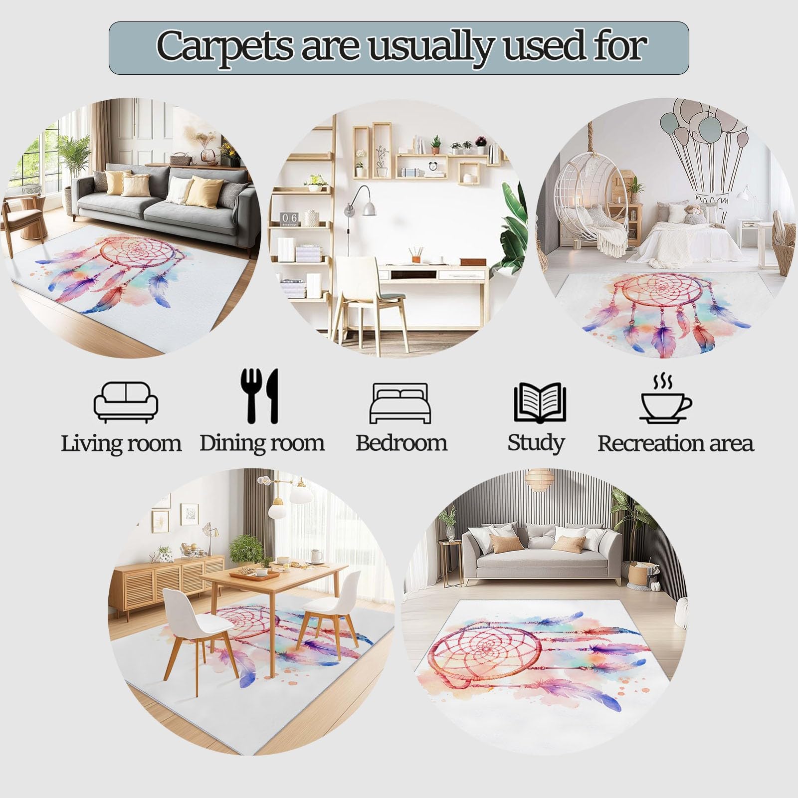 80 x 150 cm Teppich für Wohnzimmer – Kurzflor, Extra Weich & Pflegeleicht, Rechteckiger Teppich mit Aquarell-Traumfänger, geeignet für Schlafzimmer Küche Esszimmer & Kinderzimmer, Weiß