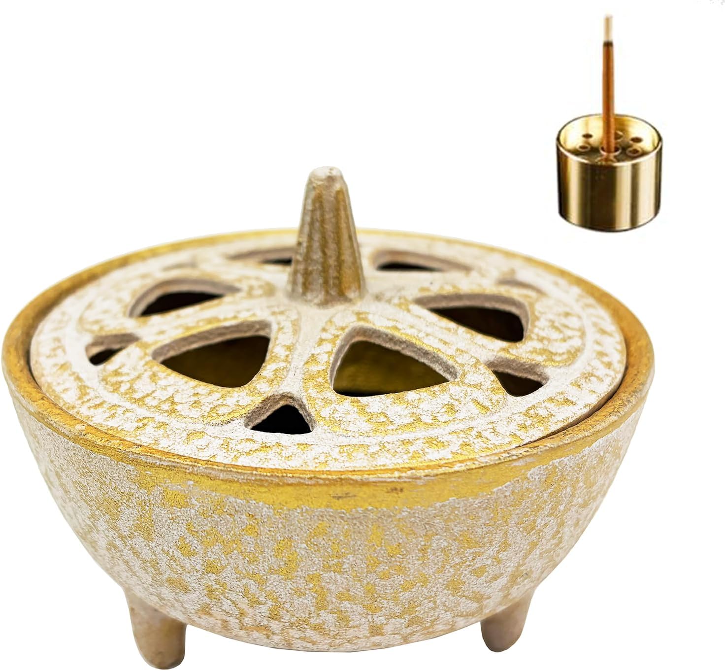 Cast Iron Incense Burner with 9-Hole Copper Incense Holder - Works for Incense Sticks, Cones, Resins, and Wax Melts, Log Burner Wax Melts Warmer (White)