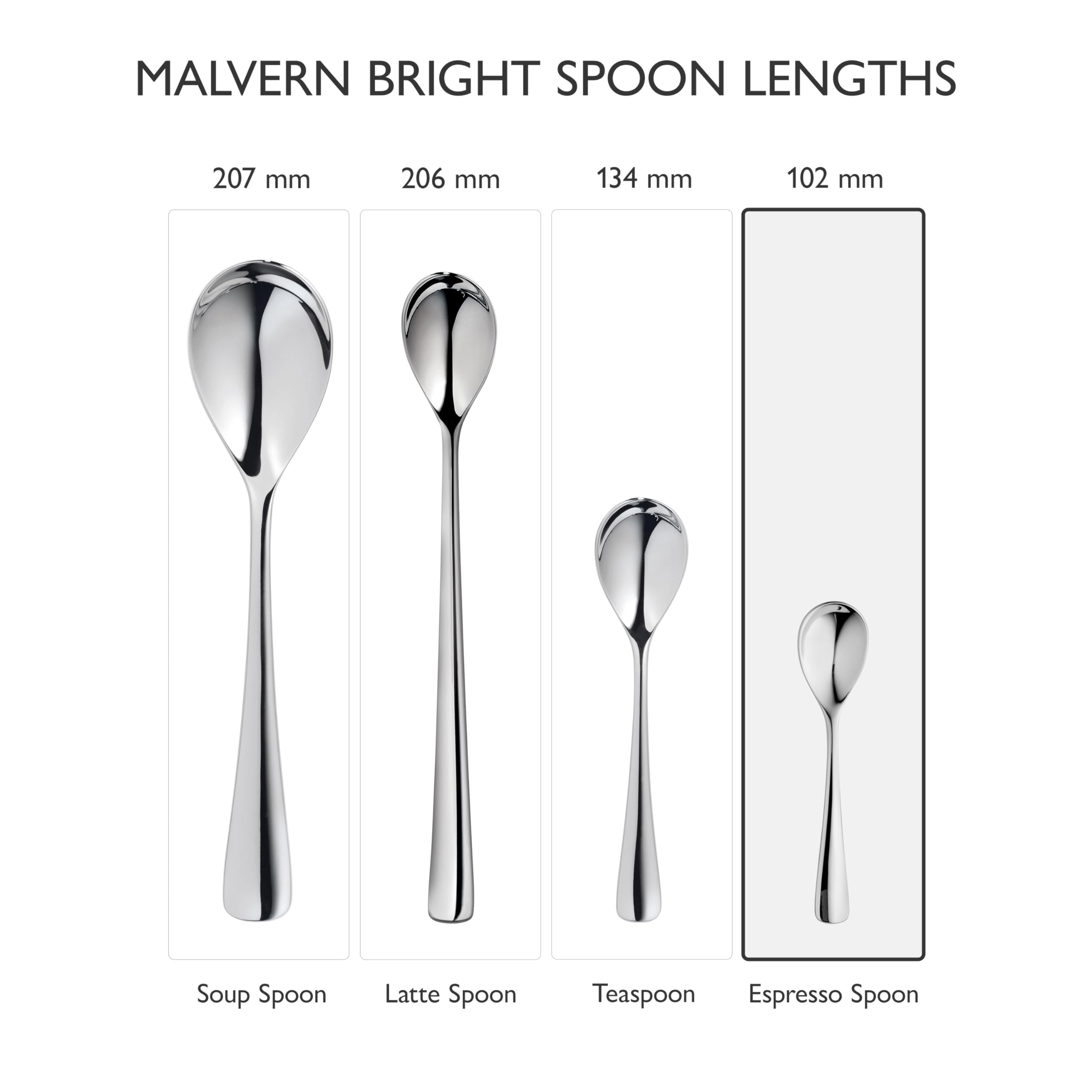 Robert Welch | Malvern luminoso - Juego de 8 cucharaditas | Acero inoxidable