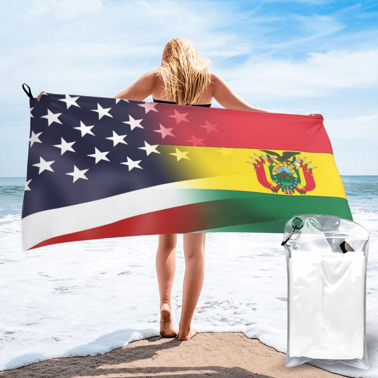 HACXZ Funny America Flag and Bolivia Flag Absorbent Beach Towel Microfiber Beach Shower Towel 27.5"X55"