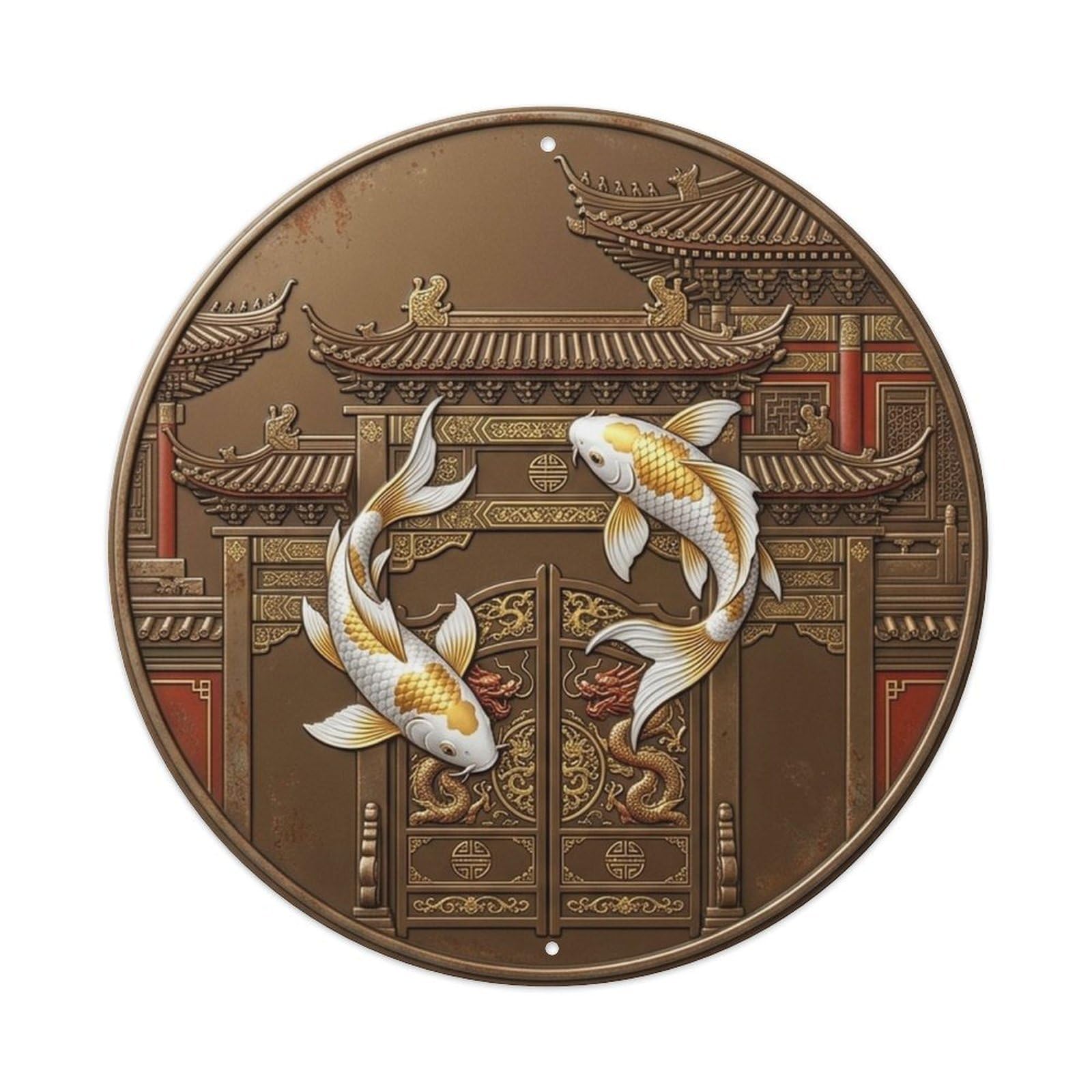 Japanese Koi Carp Bronze Dynasty Gate Zen Water Garden Metal Tin Sign Plaque Wall Decor for Cafe, Man Cave, Club Bar, Office, Home Garden Round Metal Poster 8x8Inch