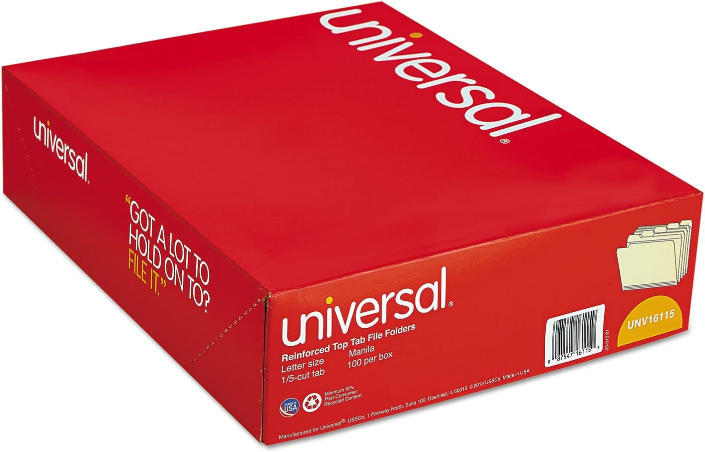 Universal 16115 File Folders, 1/5 Cut Assorted, Two-Ply Top Tab, Letter, Manila, 100/Box