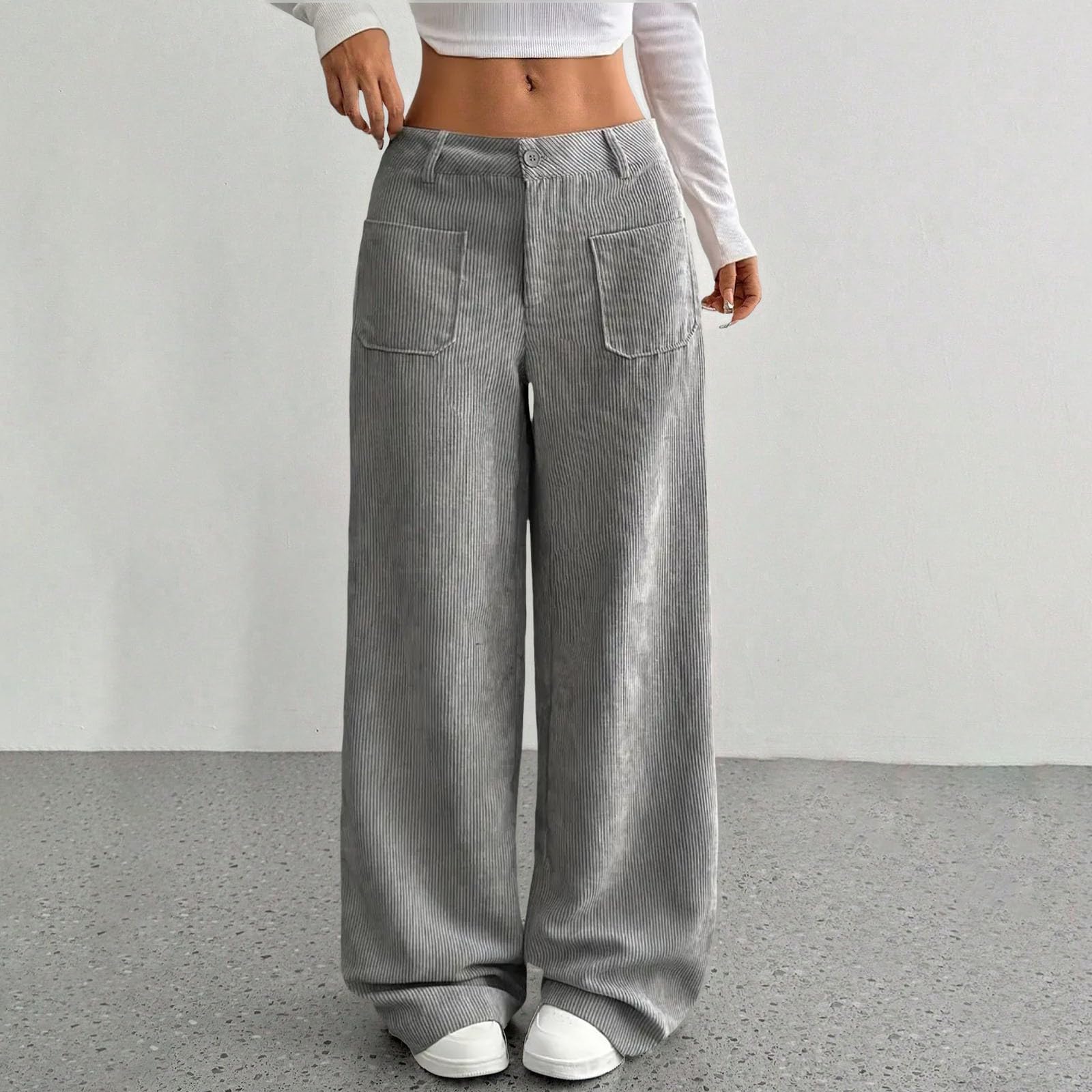 Pantaloni da donna in velluto a coste con bottoni a vita media gamba larga pantaloni a coste comodi pantaloni a palazzo larghi alla moda autunno inverno business casual ufficio pantaloni da lavoro con