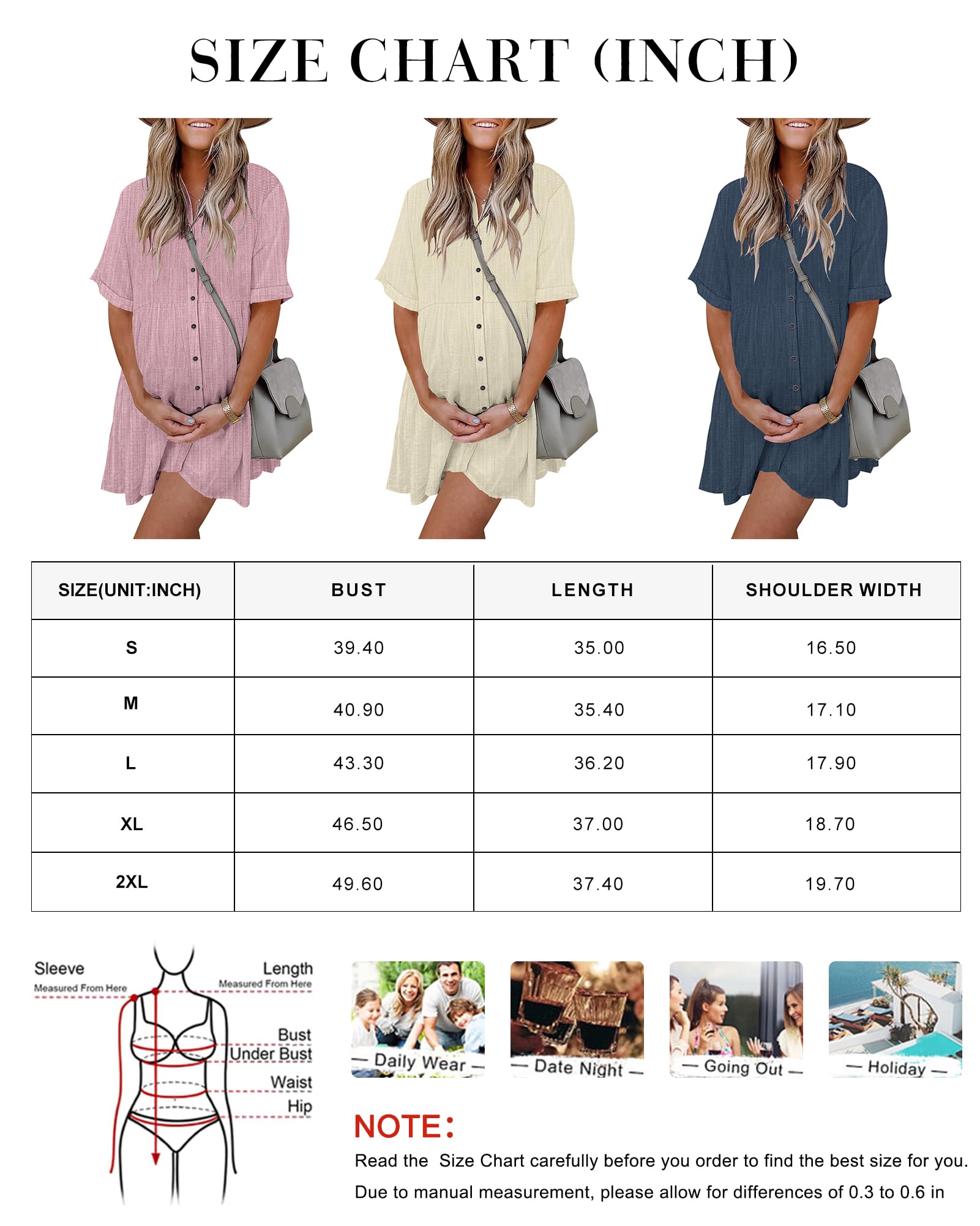 PYGFEMR Women's Short Sleeve Babydoll Dress Button Down Dresses with Pockets