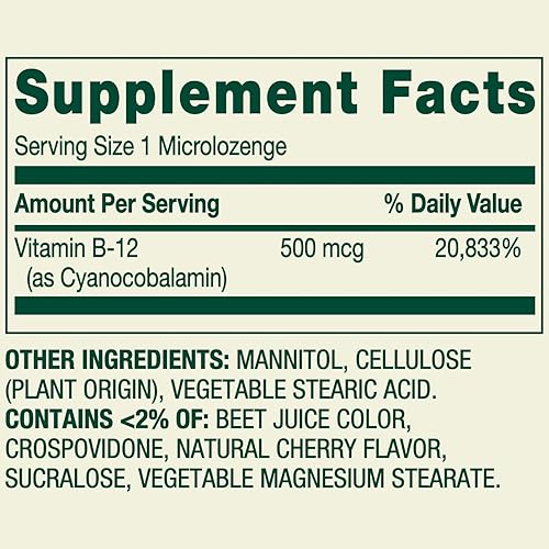 Miniatura 8 de Sublingual B12 500 mcg- Spring Valley 500 mg Sabor a cereza - Spring Valley Sublingual Vitamina B12 Micropastillas, 500 Mcg, 200 unidades (paquete 1)