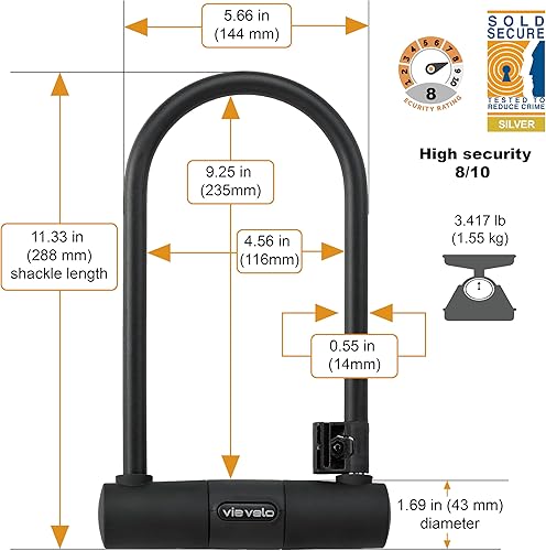 Miniatura 2 de Via Velo Candado en U para bicicleta con cable  Cerradura clásica en U resistente antirrobo de 0.59 pulgadas en el interior de 9.25 x 4.5 pulgadas,