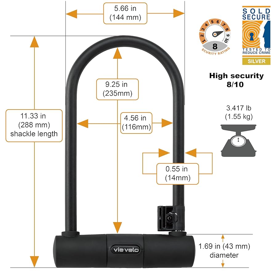 Amazon.com: Via Velo Bike U Lock with Cable | Classic U Lock
