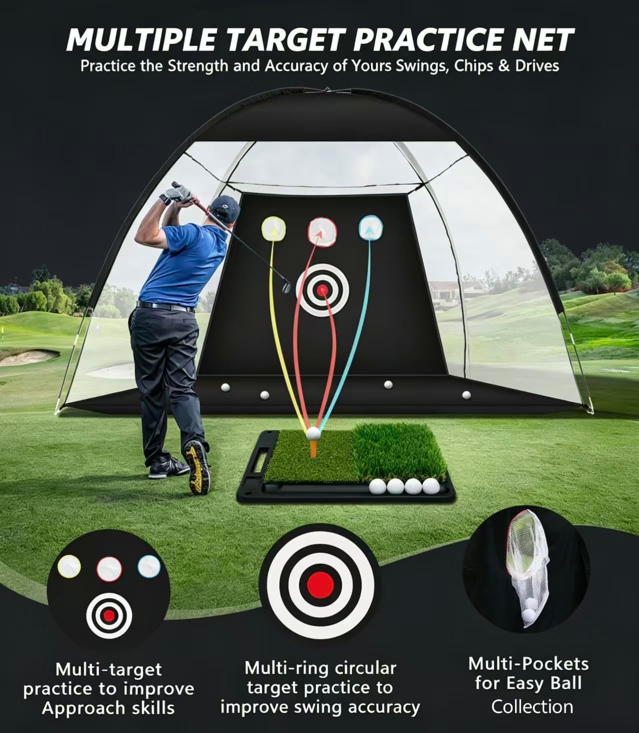 Golf Net: 10x7FT Practice Net with Mat – for Chipping, Swing & Driving Practice –Golf Nets for Backyard, Indoor & Outdoor Use – Ideal Gifts for Men, Women, Dad, Husband, Golfers