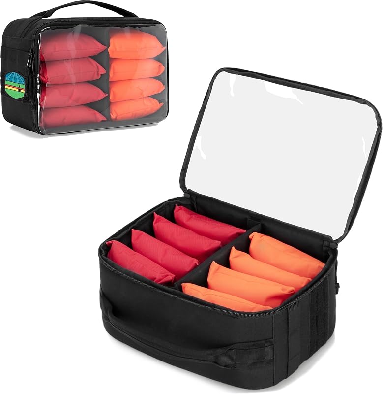 GOBUROS Cornhole Bag Carry Case Holds Up To 8 Bags(Bean Bags Not Included) | Cornhole Bean Bag Holder with Padded Divider, Corn Hole Bag with Flag Patch Area and Portable Handle for Men and Women, Black