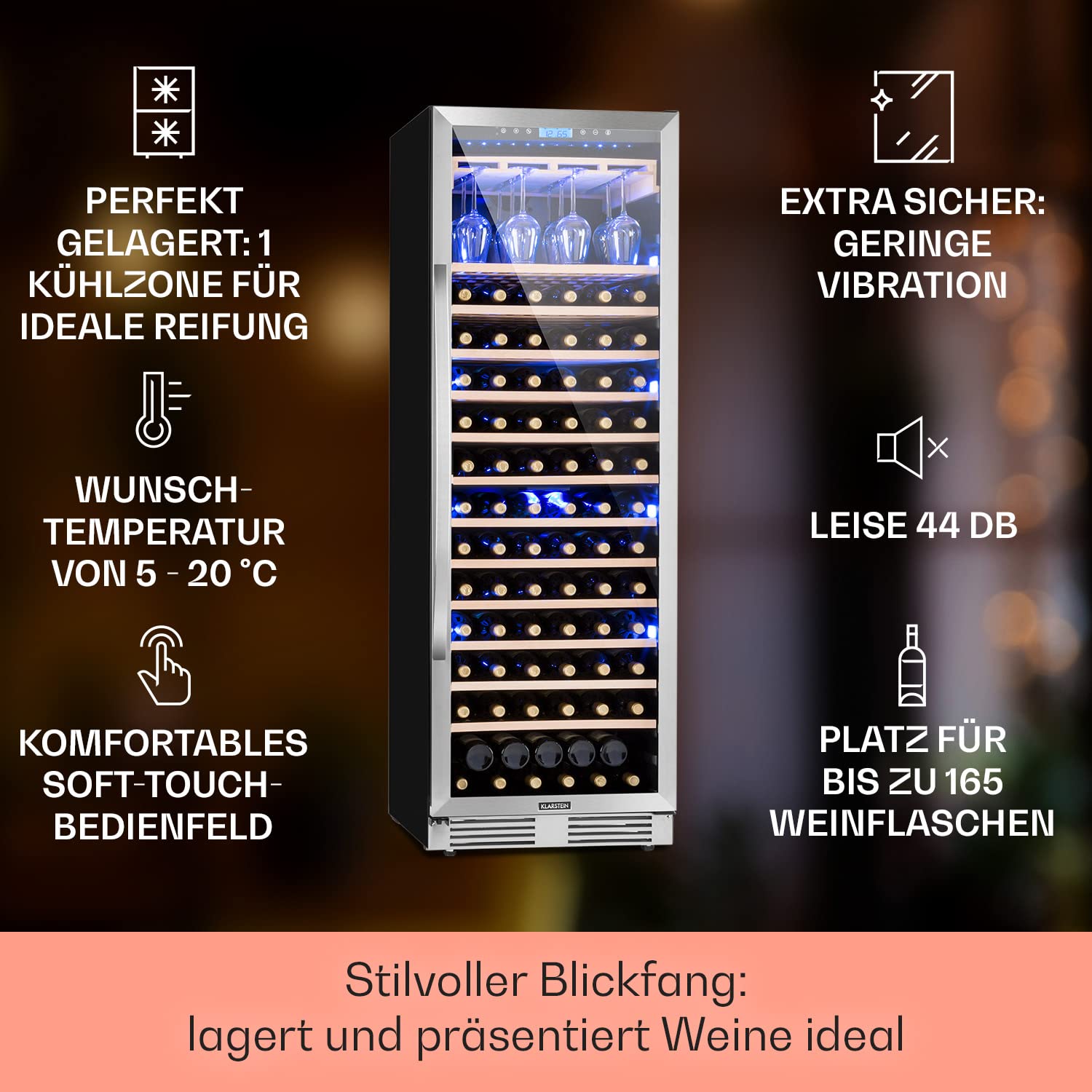 Klarstein Einbau-Weinkühlschrank 433L 1 Zonen Getränkekühlschrank mit Glastür Wine Fridge 165 Flaschen