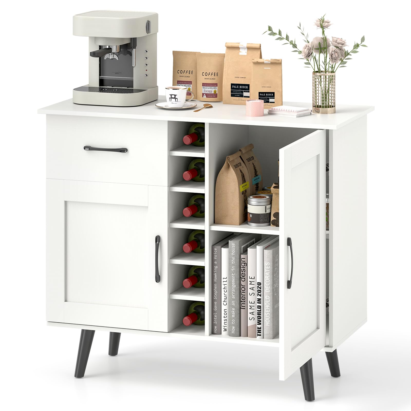 COSTWAY Sideboard, keukenkast met deuren en laden, keukencommode in landelijke stijl met wijnrek voor 6 flessen, buffetkast, wijnkast voor keuken, woonkamer, 90 x 40 x 79 cm