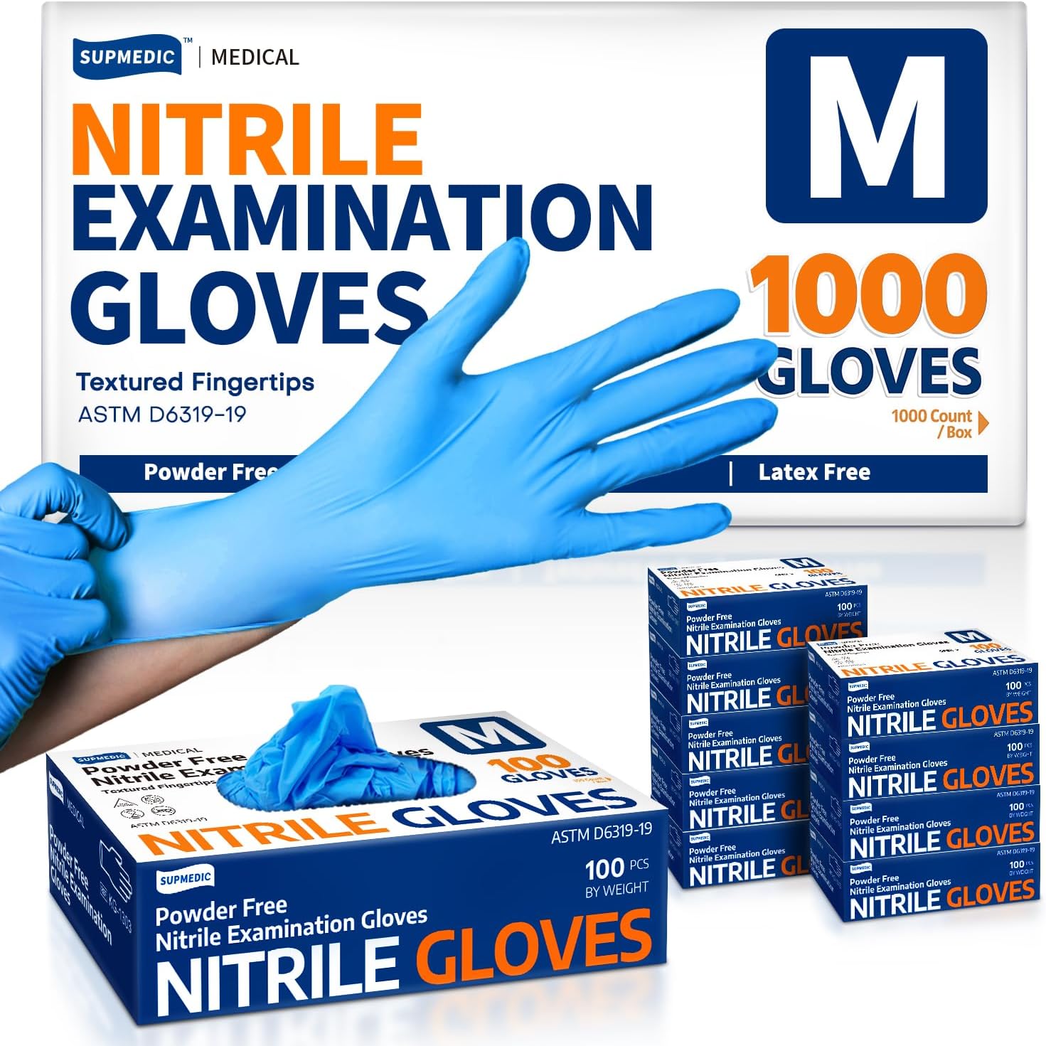Nitrile Exam Glove, 4 mil Disposable Medical Gloves Powder-Free Latex-Free, SKF Series Case of 1000 pcs (Blue) (Medium)