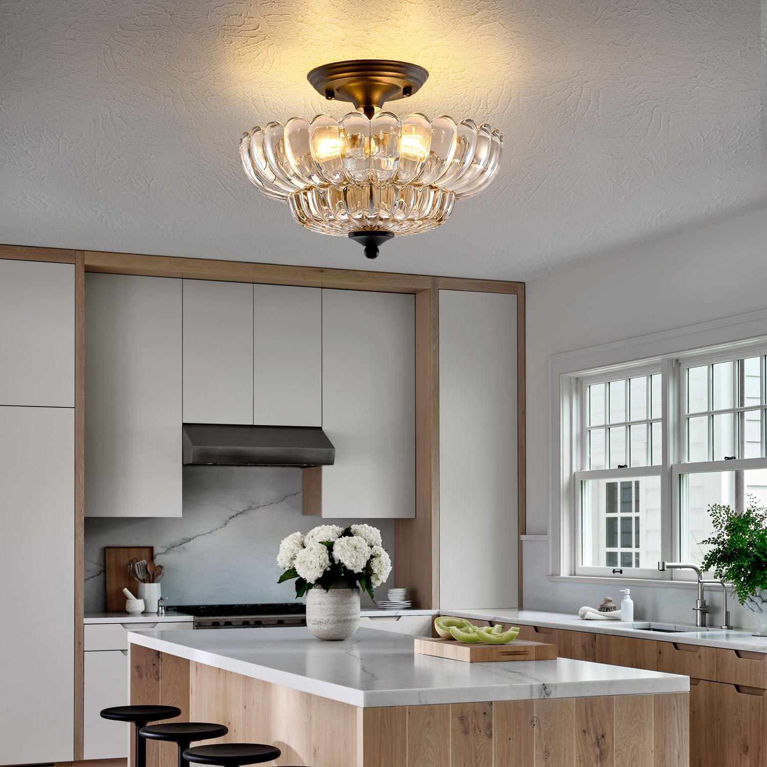 Modern Semi Flush Mount Ceiling Light, 3-Light Black Close to Ceiling Light Fixture with Cognac Glass Shade for Living Room Entryway Bedroom