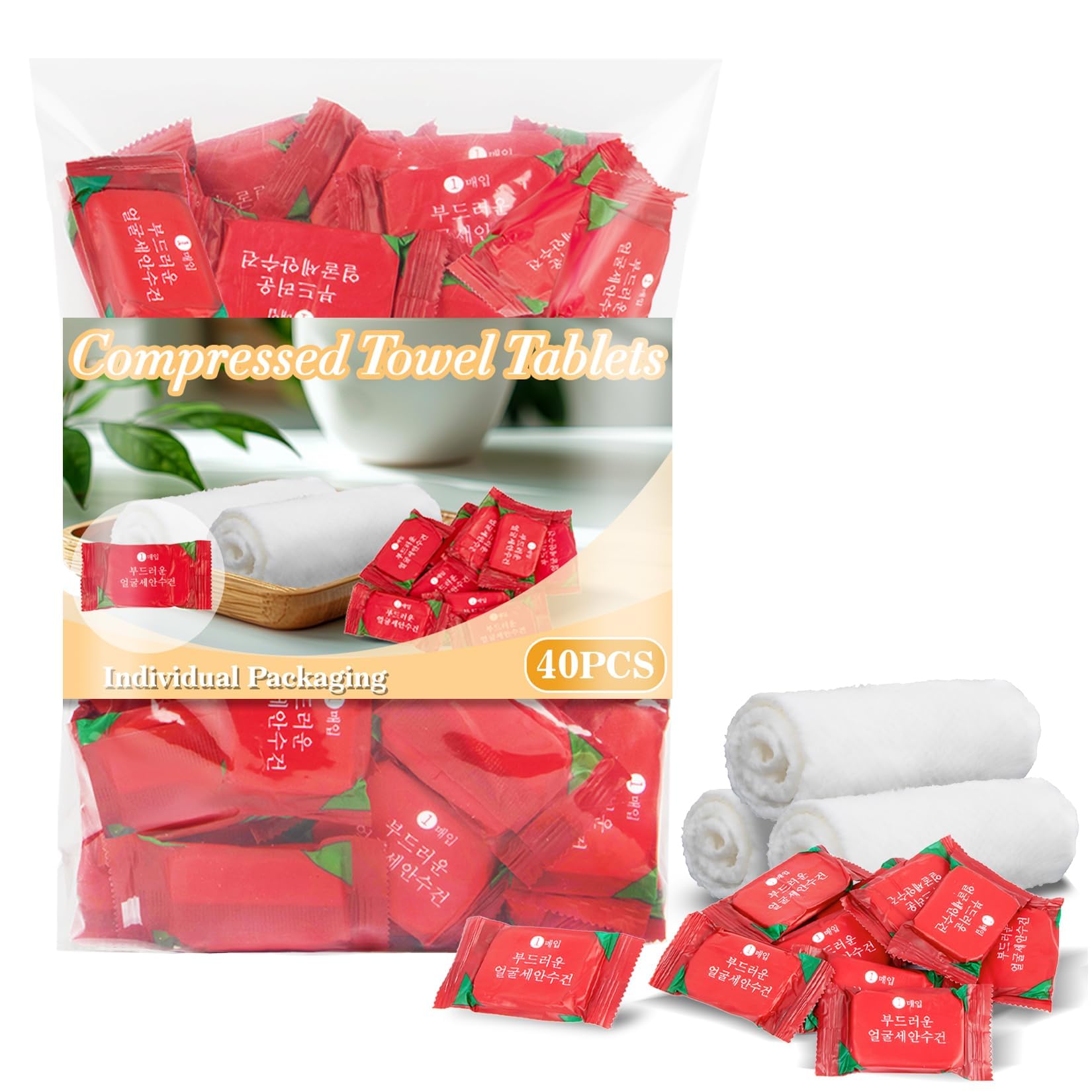 40PCS Compressed Towel Tablets - Travel Towel, Disposable Face Towels for Travel,Camping Towel, Disposable Washcloths for Adults Hiking Gear Individual Packaging Face Remove Makeup Wipes