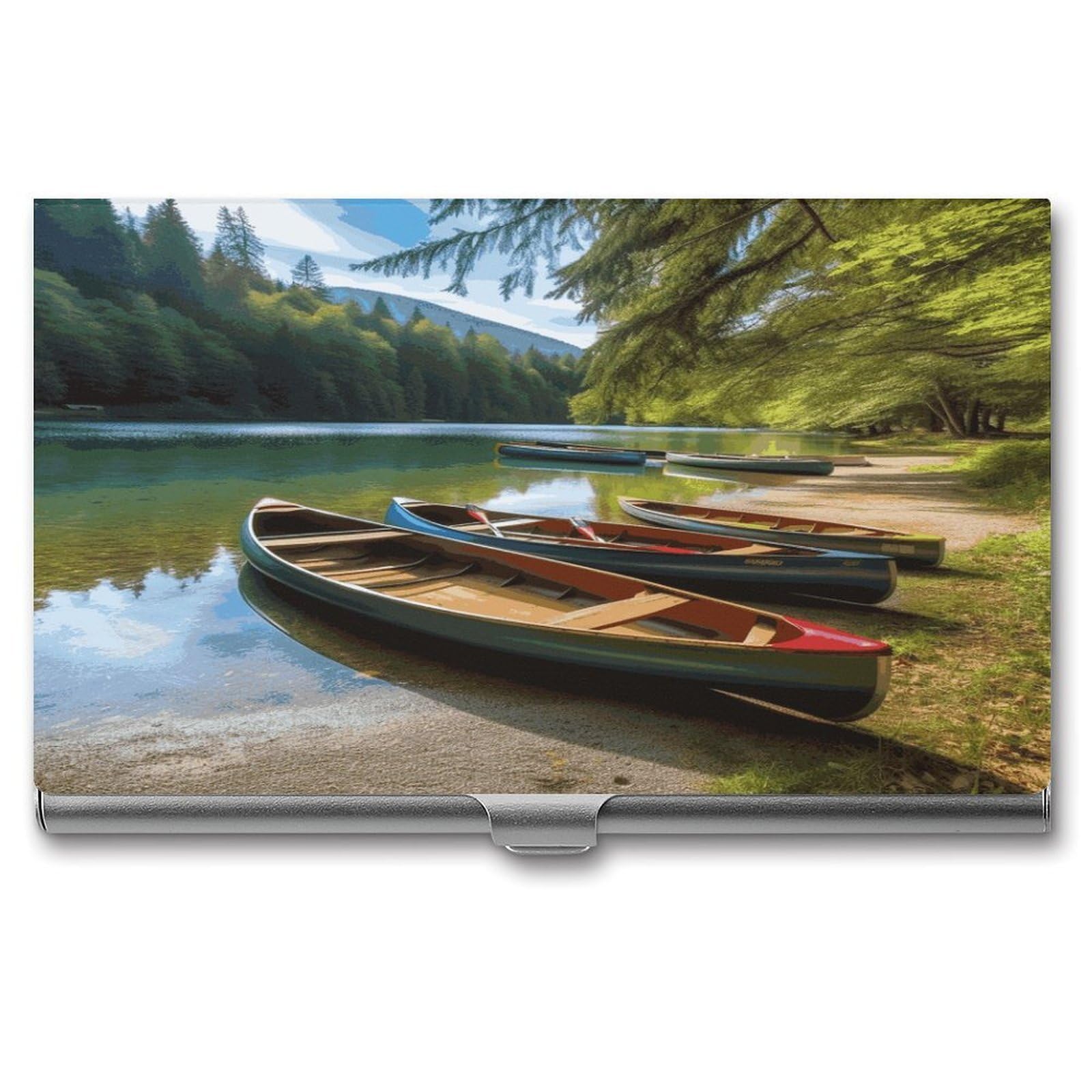 JTREHY Lake with Boats Canoes Park Business Card Holder Slim Purse Name Card Holder Portable Metal Business Card Case Wallet Large Capacity Lightweight Business Card Case for Men Women