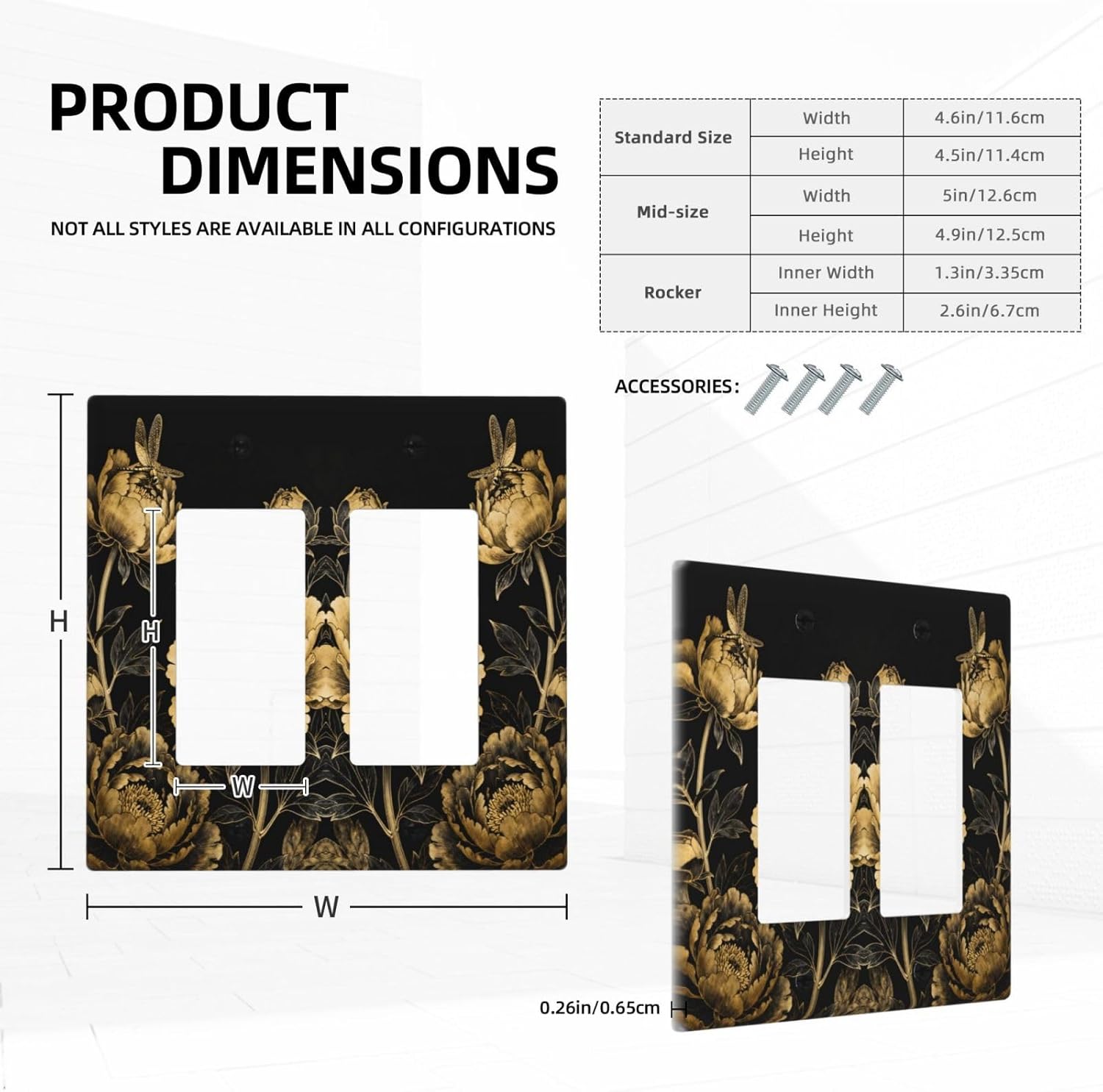 Decorative Outlet Covers Black Gold Peony Floral Dragonfly 2 Gang Light Switch Cover Plate Double Rocker Wall Plates for Electrical Outlets Switch Plate Covers for Bedroom Home Decor