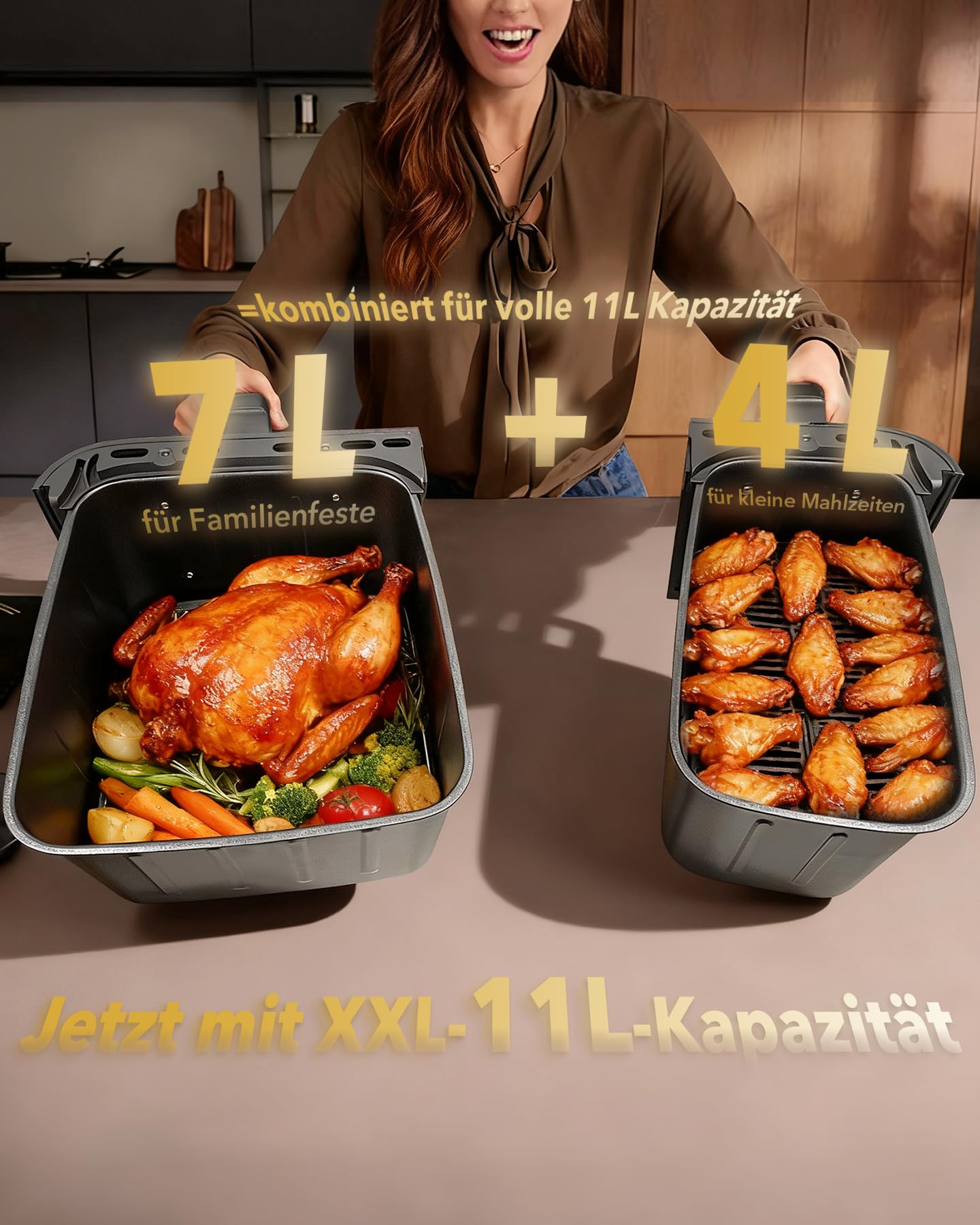 11L XXL Airfryer 2 Kammern(4+7L) - WELLENT 2600W 10-in-1 Heißluftfritteuse Doppelkammer mit Match&Sync-Funktion - Dual Zone Heissluftfritteuse mit Touchscreen,Schüttelerinnerung,Spülmaschinenfest