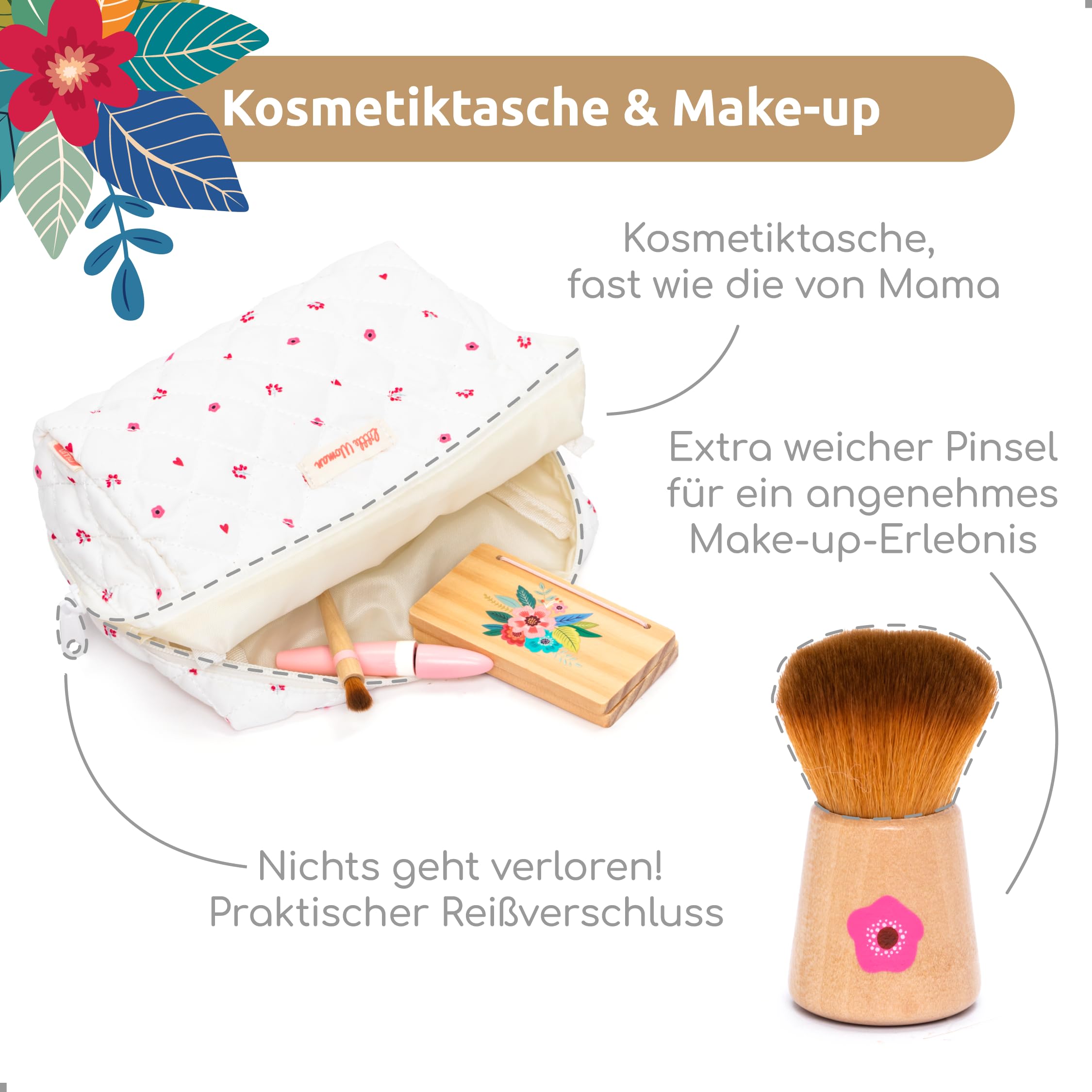 UMU® Kinder Schminkset aus Holz – Kosmetik & Make-up Set mit Schminke, Lippenstift, Parfüm, Puder & Kosmetiktasche – Kinderschminke Spielzeug für Mädchen ab 3 4 5 6 Jahre