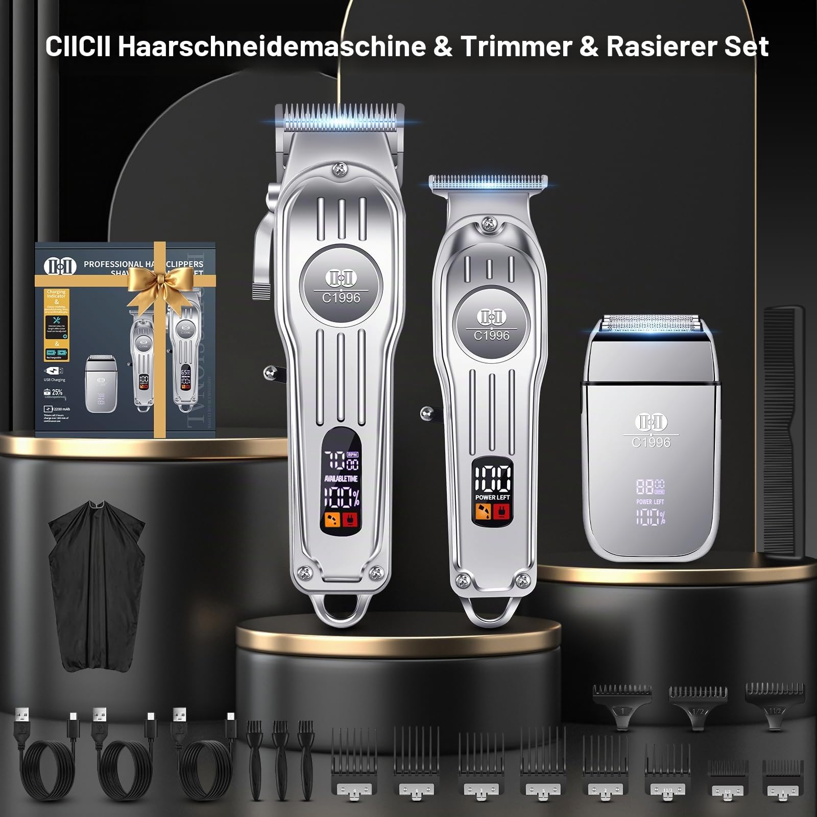 CIICII Haarschneidemaschine Profi und Trimmer Herren Set, Kabellos Haarschneider für Haar (Rasierer Elektrisch & Bartschneider Kit) Haartrimmer Herren für DIY Haar Bart Hause Friseur