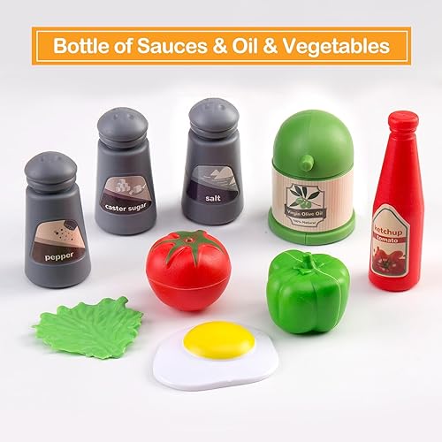 Miniatura 5 de Juego de 90 accesorios de cocina, cocina de simulación con ollas, sartenes, utensilios de cocina, alimentos, frutas, verduras, cestas