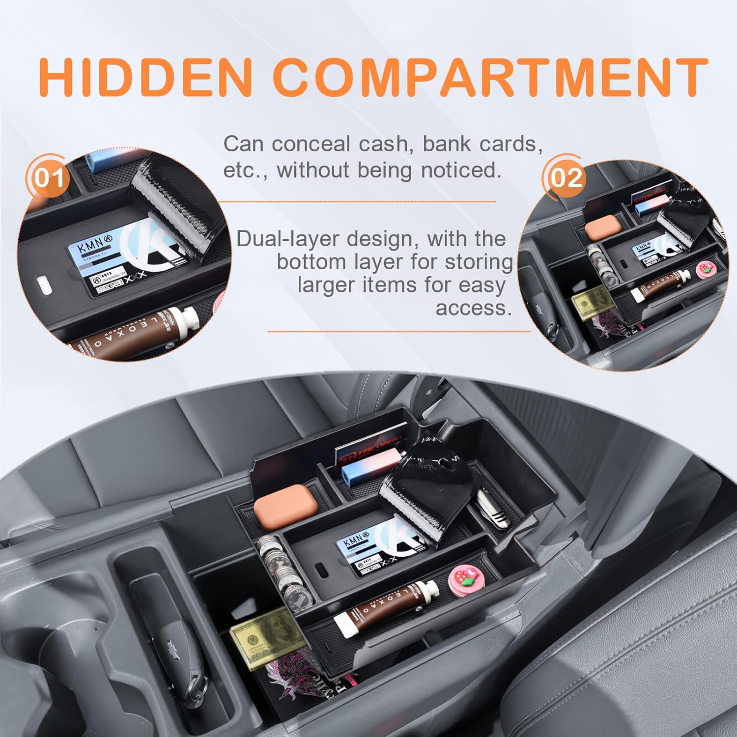TACOBRO Center Console Tray Compatible with 2024 2025 2026 Chevy Silverado EV WT RST LT & GMC Sierra EV – Armrest Storage Insert Organizer with Coin and Sunglasses/Card Holders (Top)