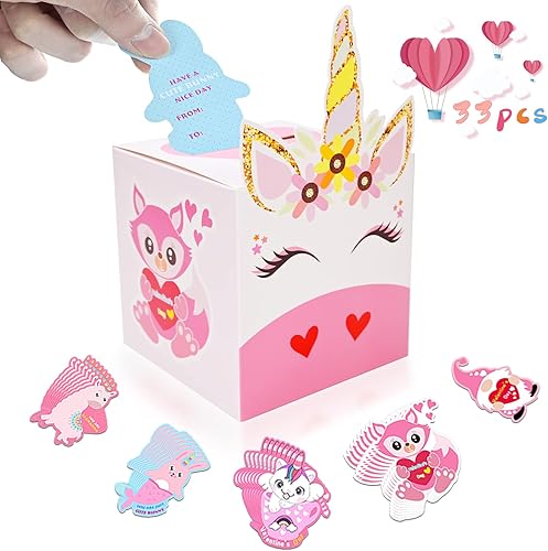Miniatura 1 de Myersmas Cajas de San Valentín para niños 33 tarjetas de unicornio para el día de San Valentín y buzón de San Valentín para intercambio en el aula 1