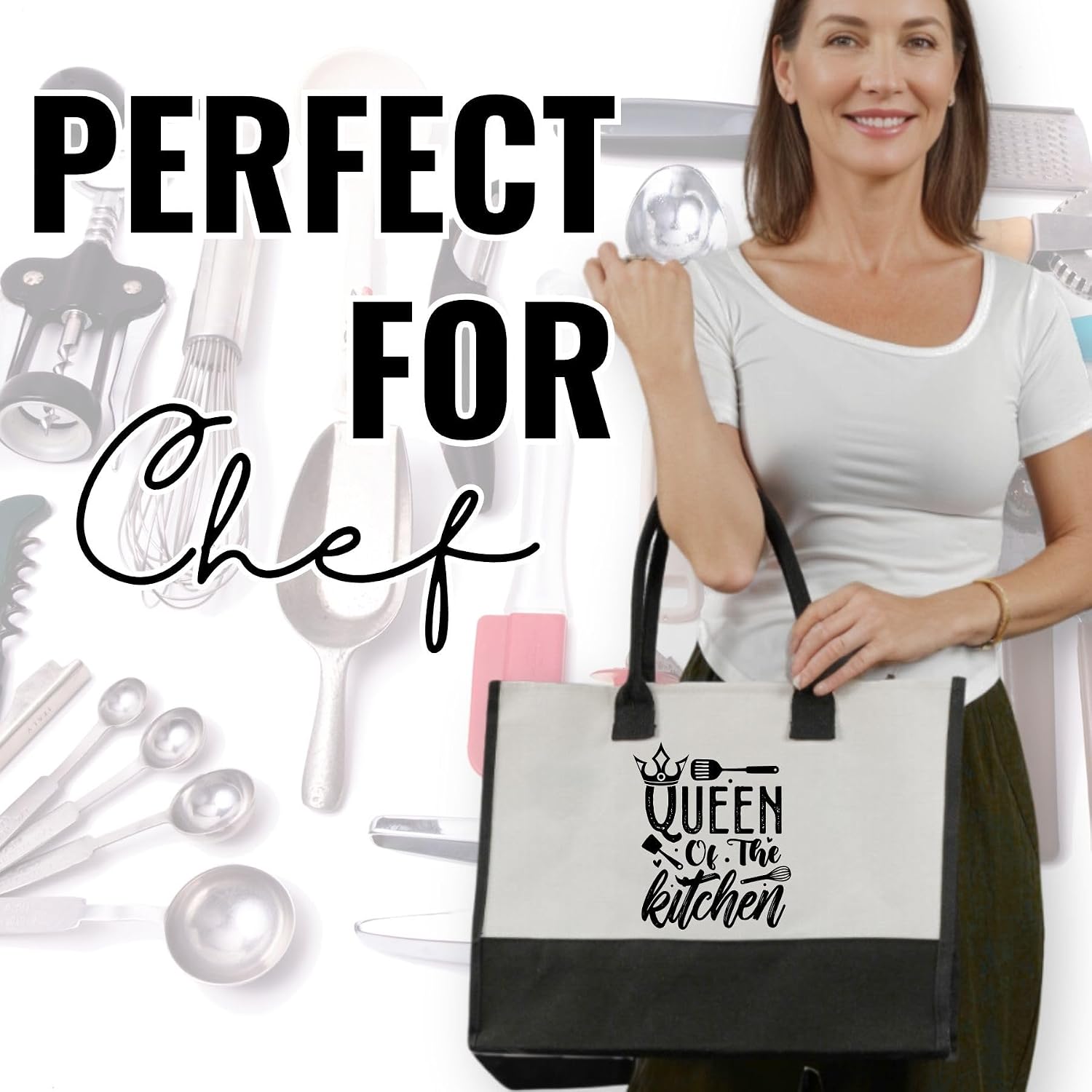 InnoBeta Chef Gifts for Women, Queen of The Kitchen, Canvas Tote Bag for Mom, Grandma, Bag with Top Zipper Closure and Shoulder Strap for Birthday