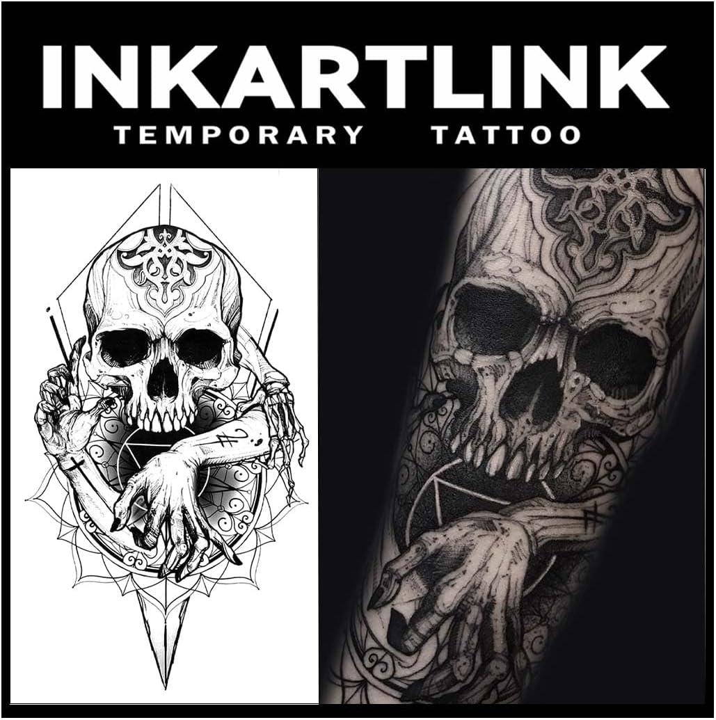INKARTLINK Temporary Tattoo Stickers, Henna Tattoo, Set of 2, 2-Week Long-Lasting, Waterproof, Tattoo Stickers, Men and Women, Temporary Tattoo, Trendy, Half-Permanent, Fading Tattoo, Skull